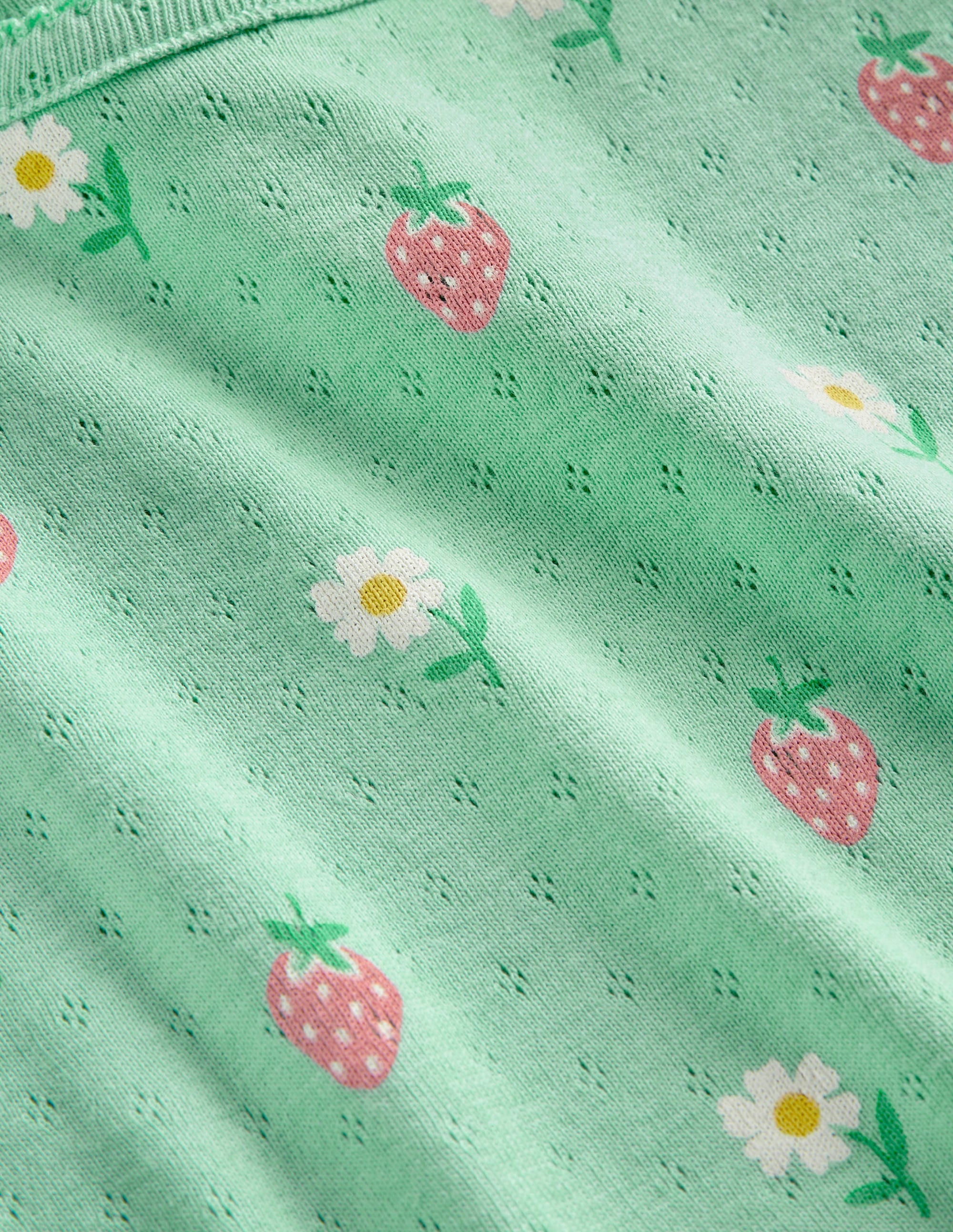 Kurzärmliges Pointelle-Oberteil-Grün, Gänseblümchen/Erdbeeren - Image 3
