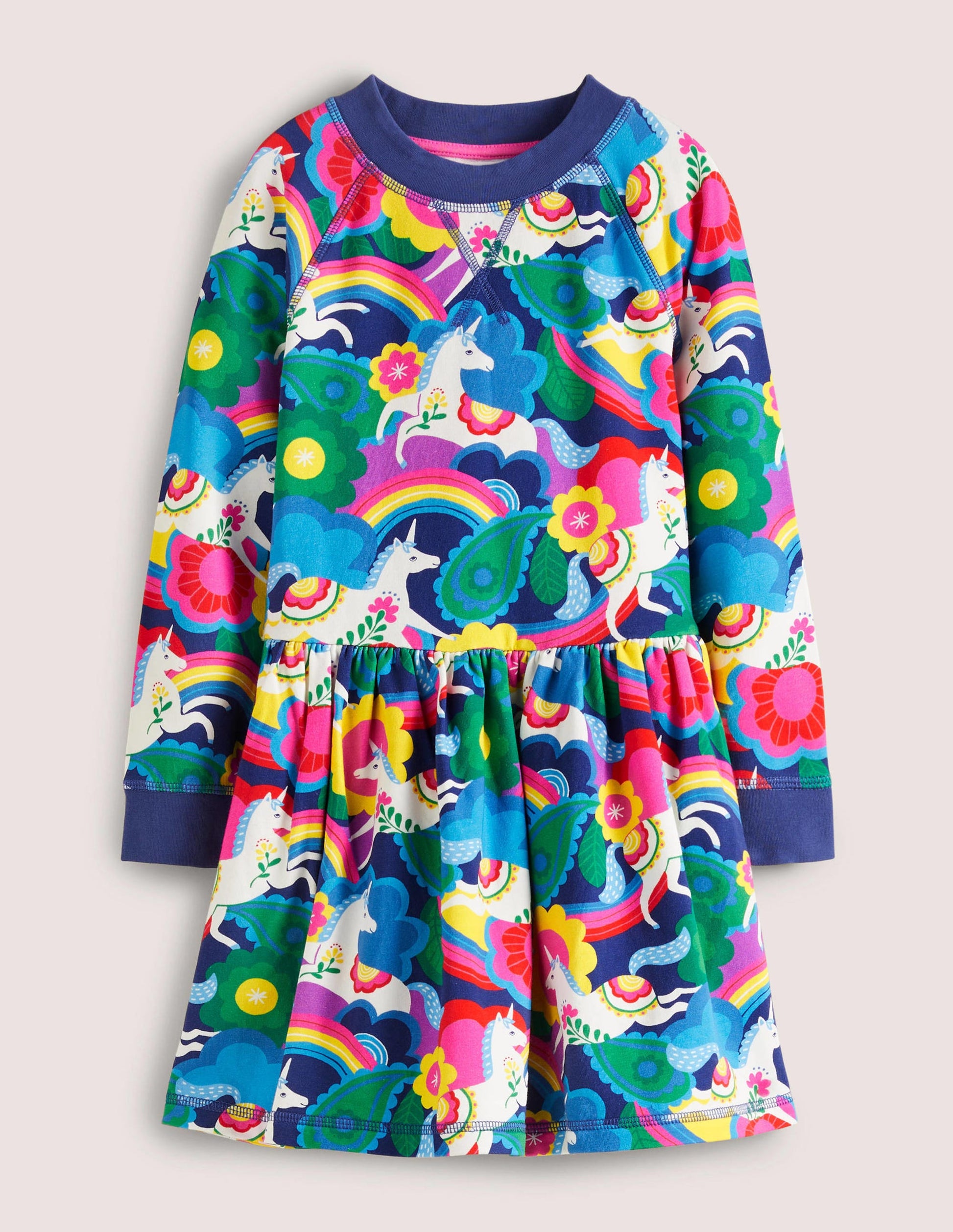 Navy Unicorn Print Sweatshirt Dress-Patch floraux licornes multi-1