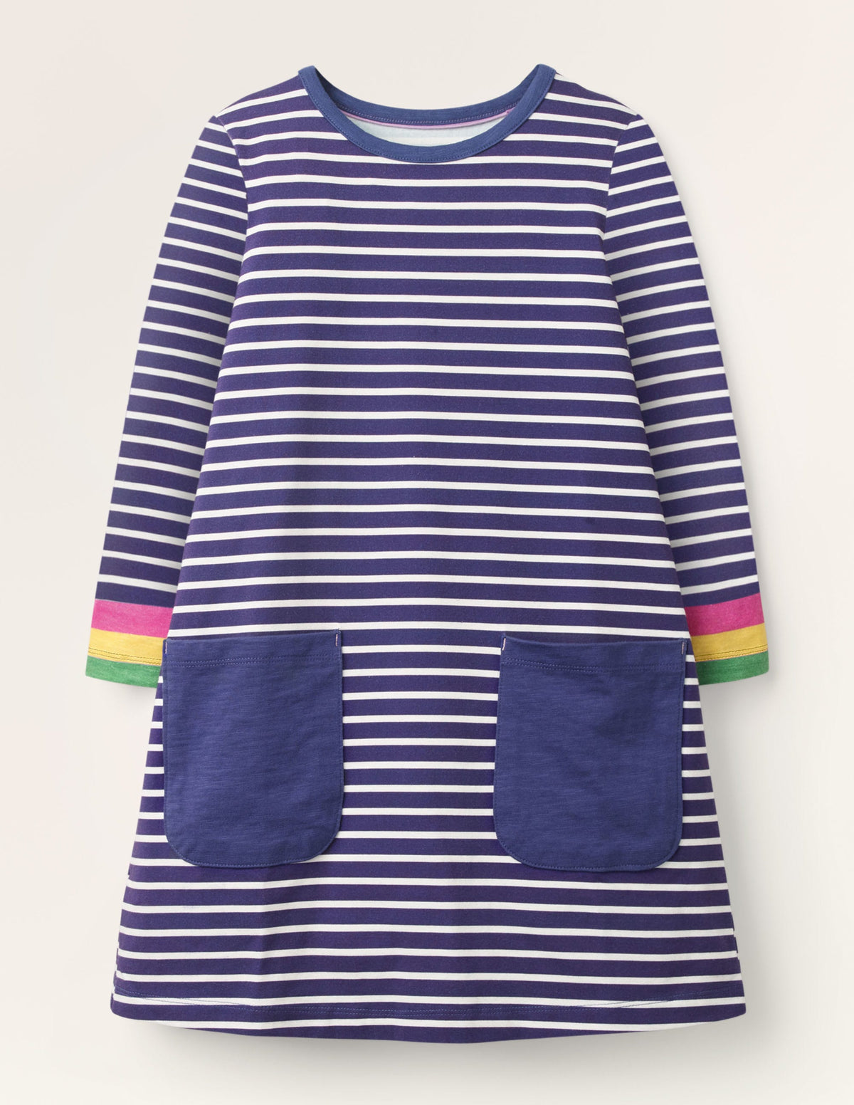 Fröhliches Jerseykleid mit Tasche-Segelblau, Regenbogenbündchen - Image 1