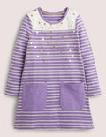 Fröhliches Jerseykleid mit Tasche-Asternviolett/Naturweiß, Folientupfen