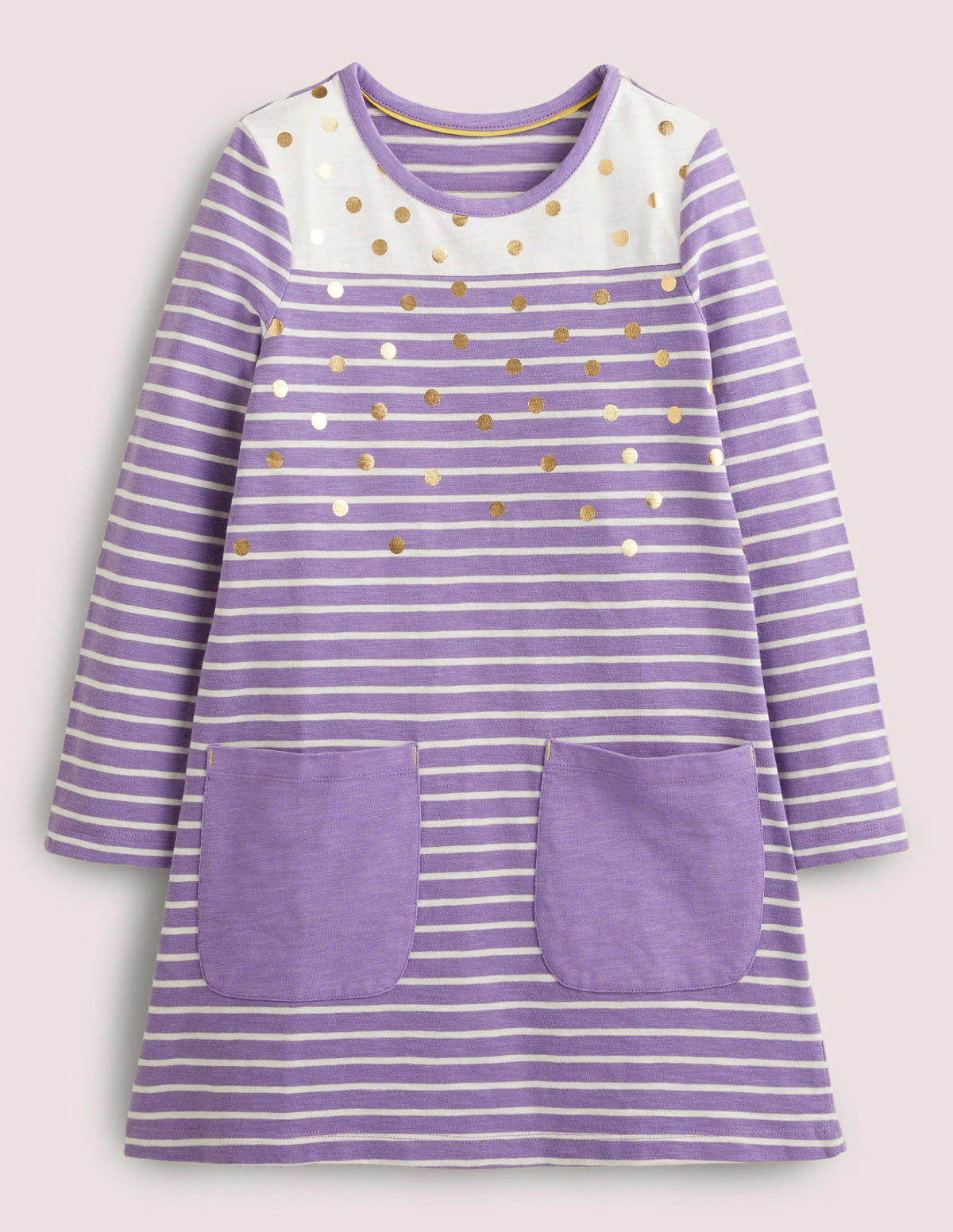 Fröhliches Jerseykleid mit Tasche-Asternviolett/Naturweiß, Folientupfen-1