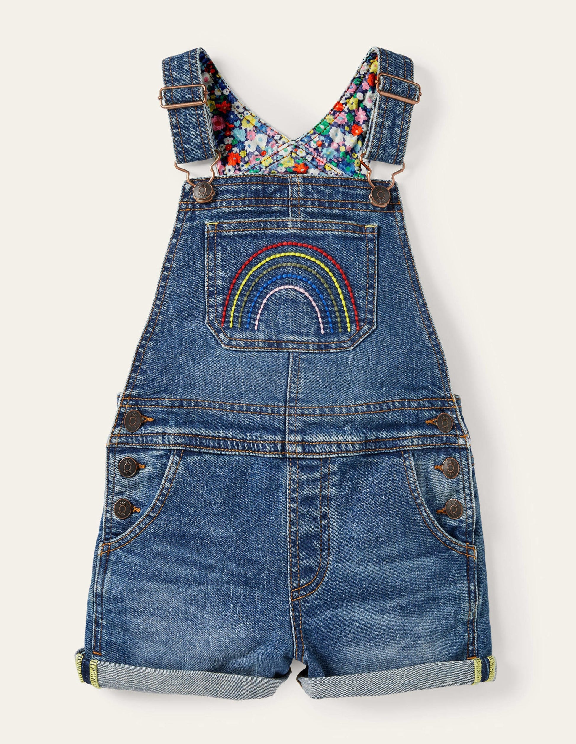 Fröhliche kurze Latzhose-Helles Vintageblau/Regenbogen, Denim-1