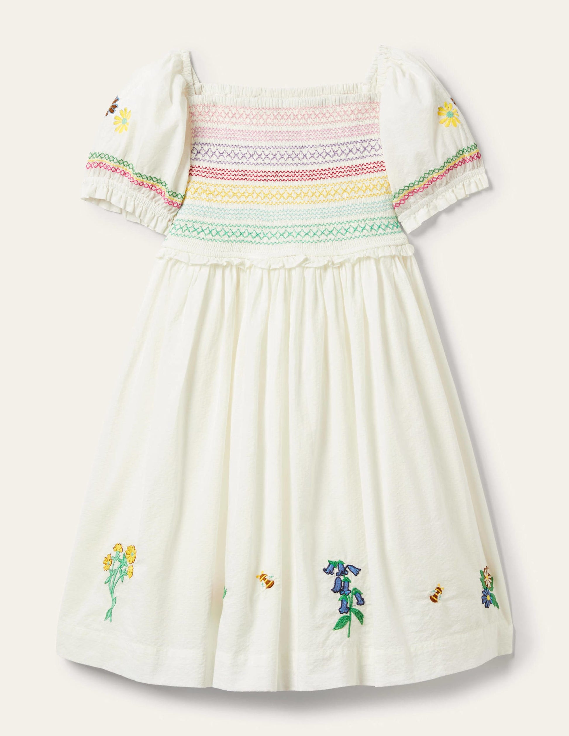 Robe florale à smocks-Brodé ivoire-1