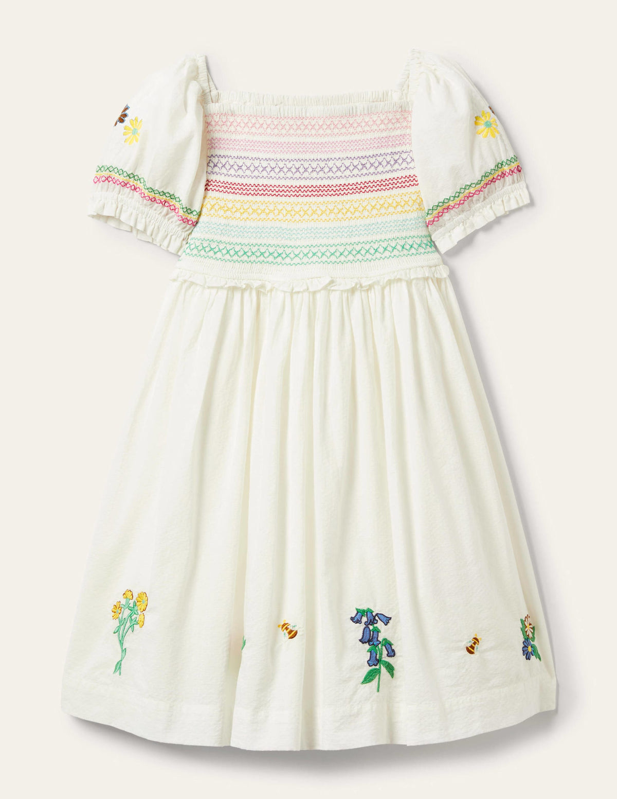 Robe florale à smocks-Brodé ivoire - Image 1