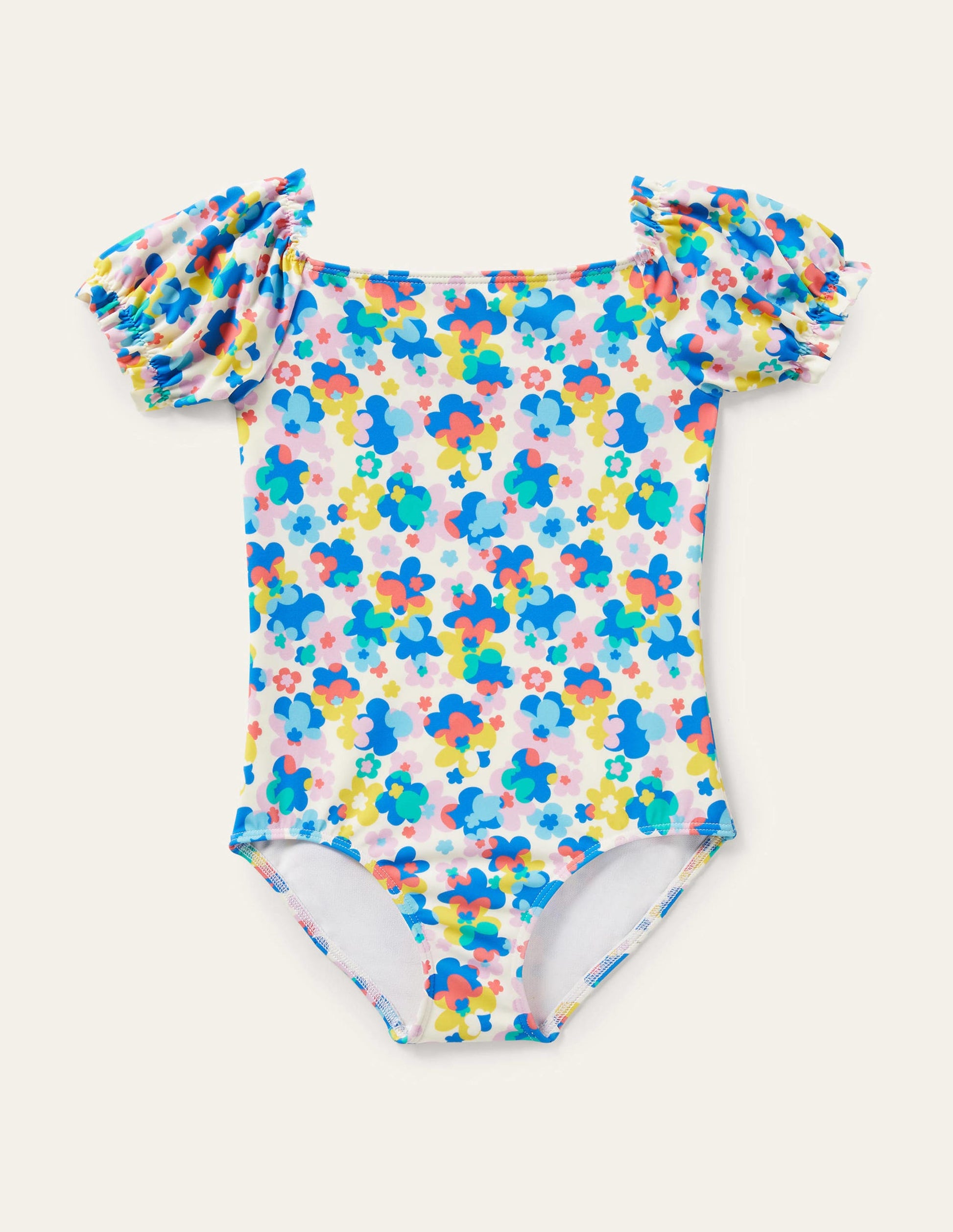 Gemusterter Badeanzug mit Puffärmeln-Bunt, Fröhliches Blumenmuster-1