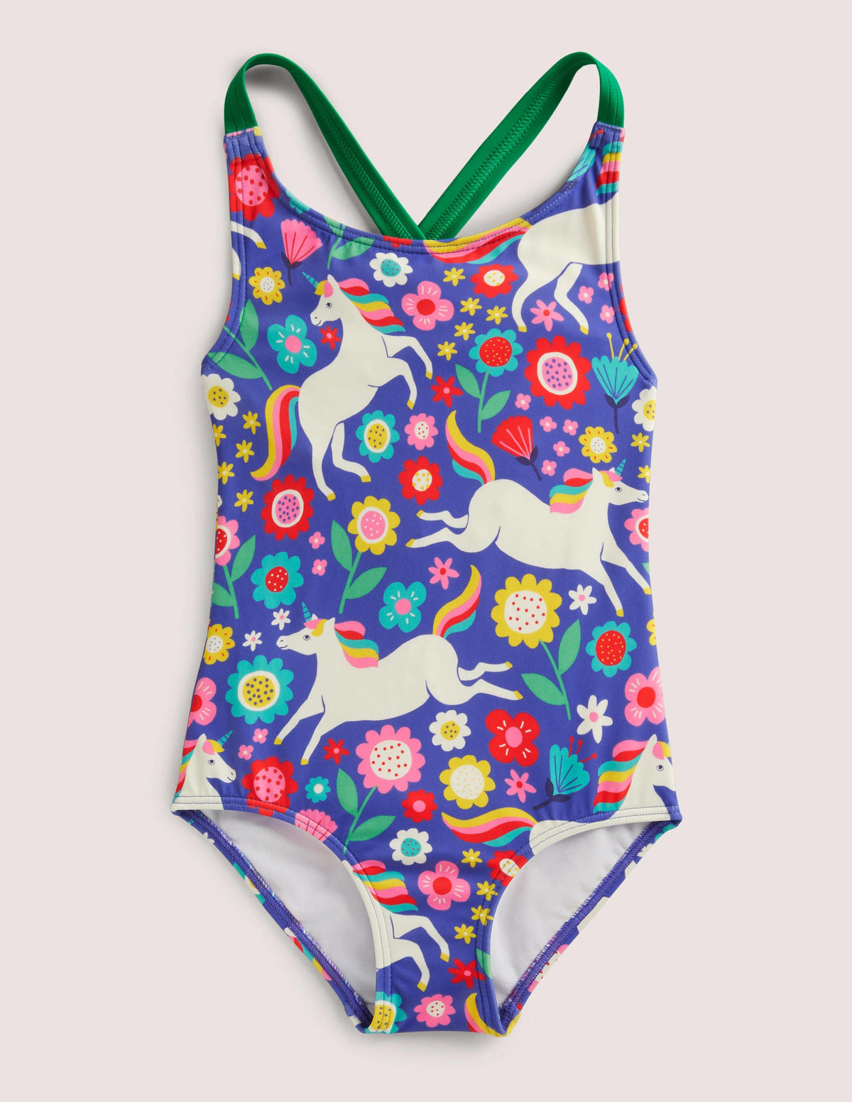Bedruckter Badeanzug mit gekreuzten Trägern-Glockenblumenblau, Einhorn-/Blumenmuster-1