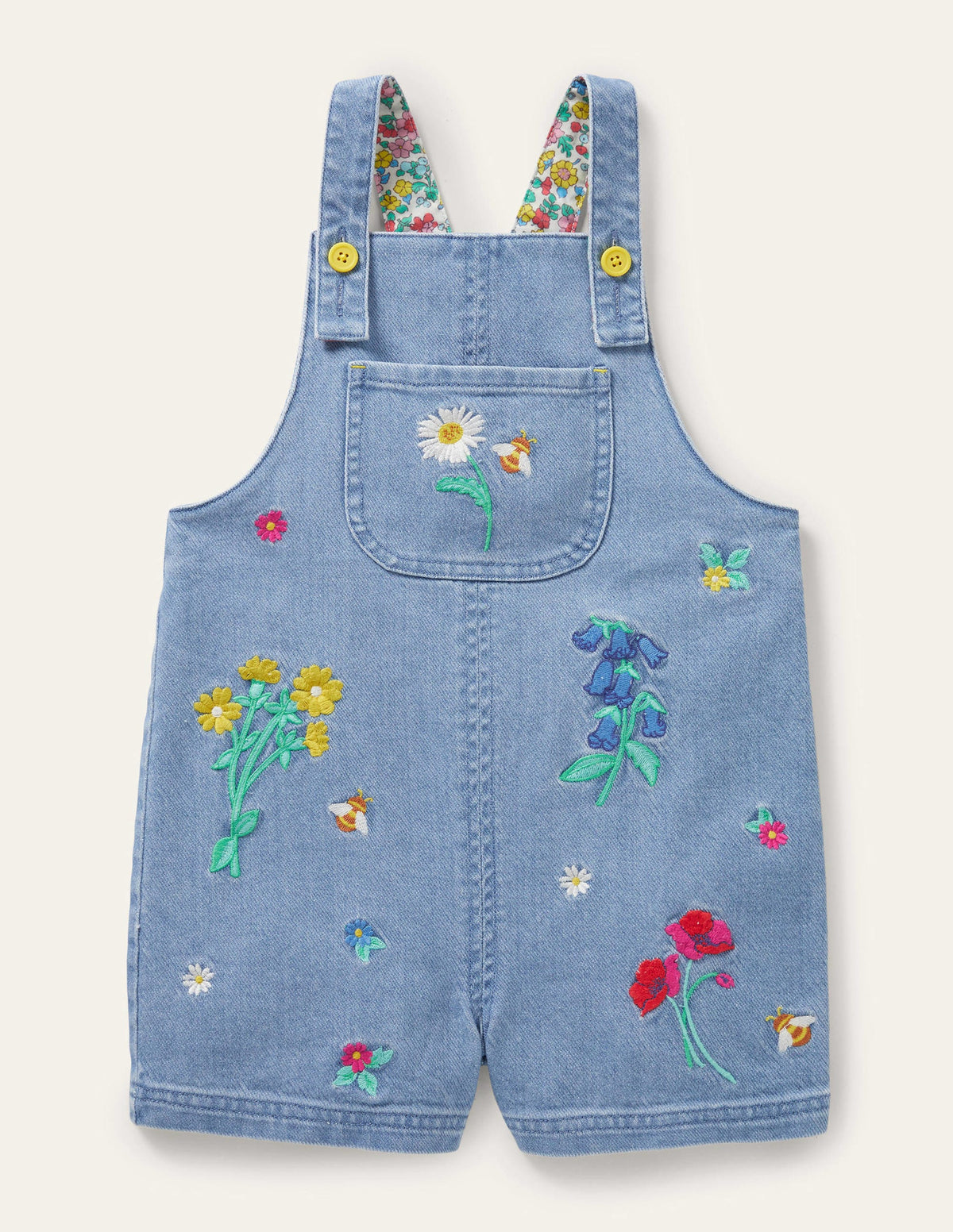 Bestickte kurze Latzhose-Mittleres Vintageblau, Denim/Blumenmuster-1