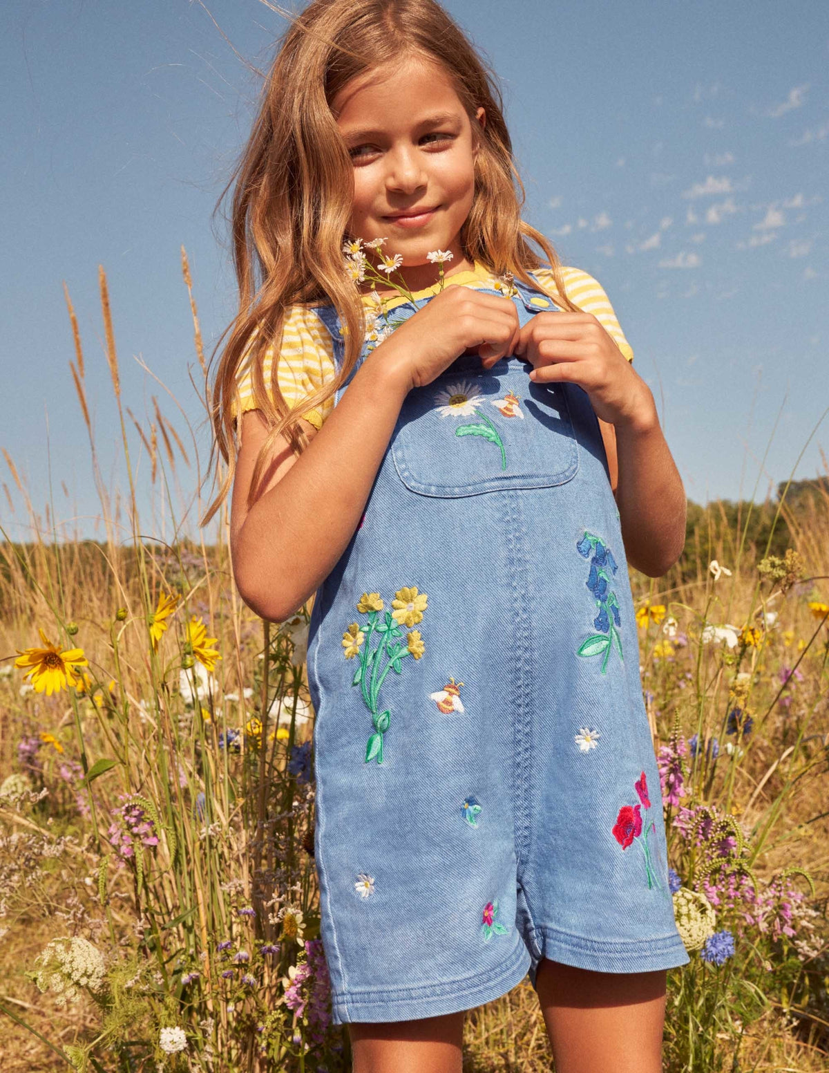 Bestickte kurze Latzhose-Mittleres Vintageblau, Denim/Blumenmuster - Image 5