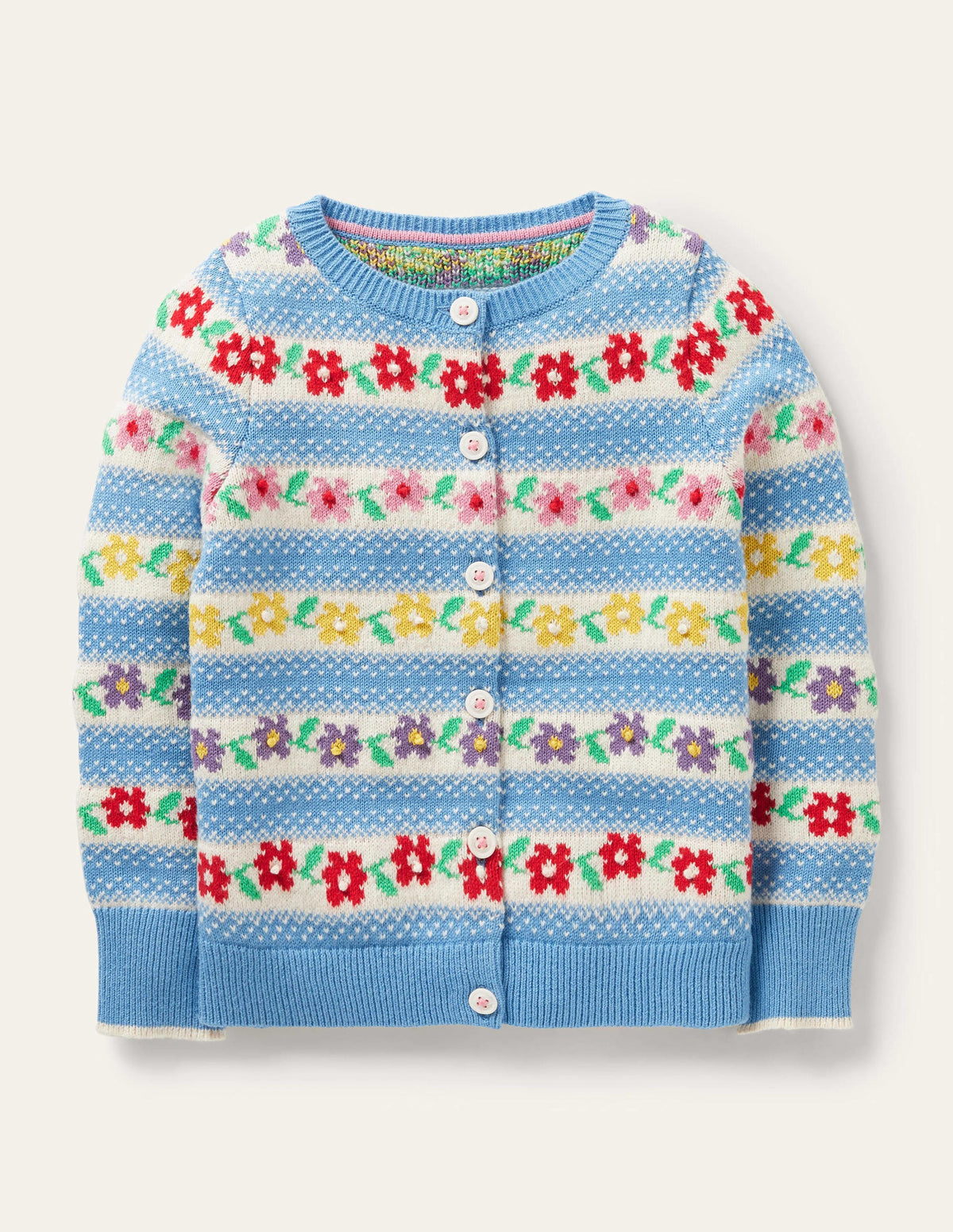 Blue Floral Fair Isle Cardigan-Blau, Blumen-Fair-Isle-Muster - Image 1