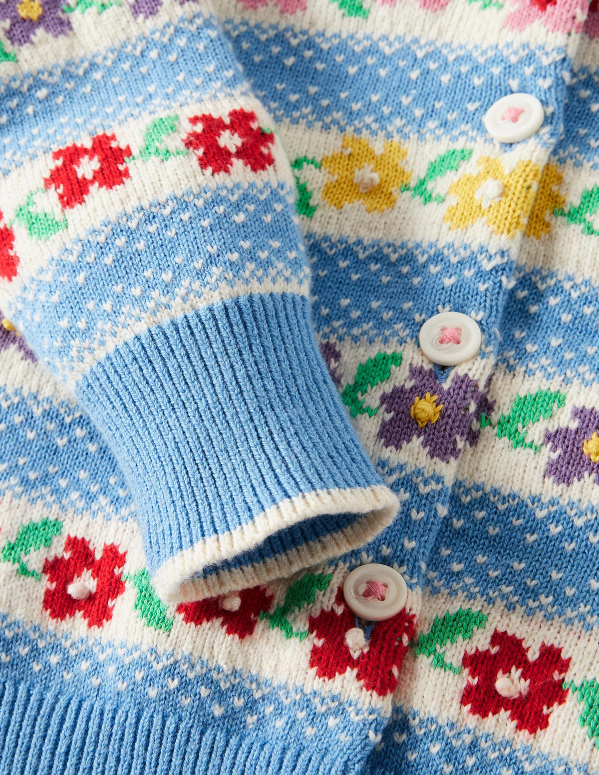 Blue Floral Fair Isle Cardigan-Blau, Blumen-Fair-Isle-Muster - Image 3