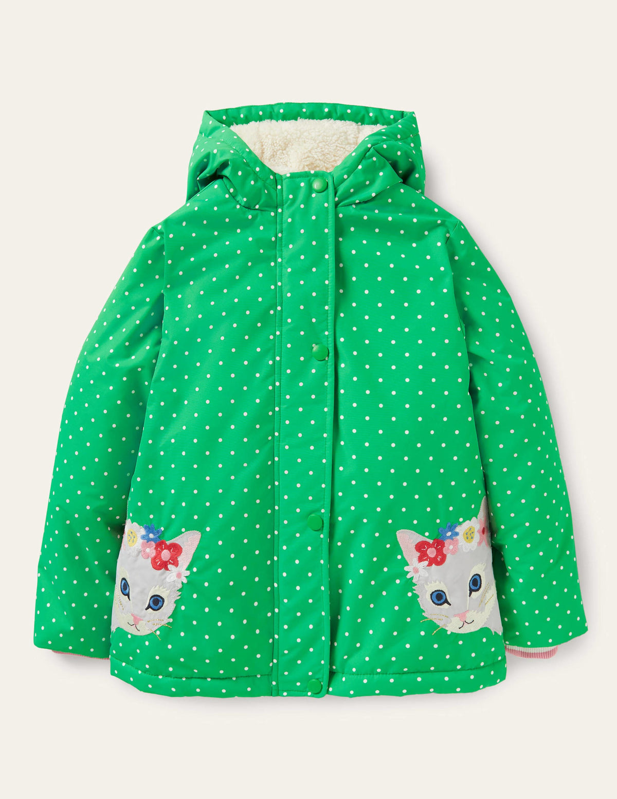 Green Polka Dot Sherpa Lined Anorak-Chats et petits pois vert aloe vera - Image 1