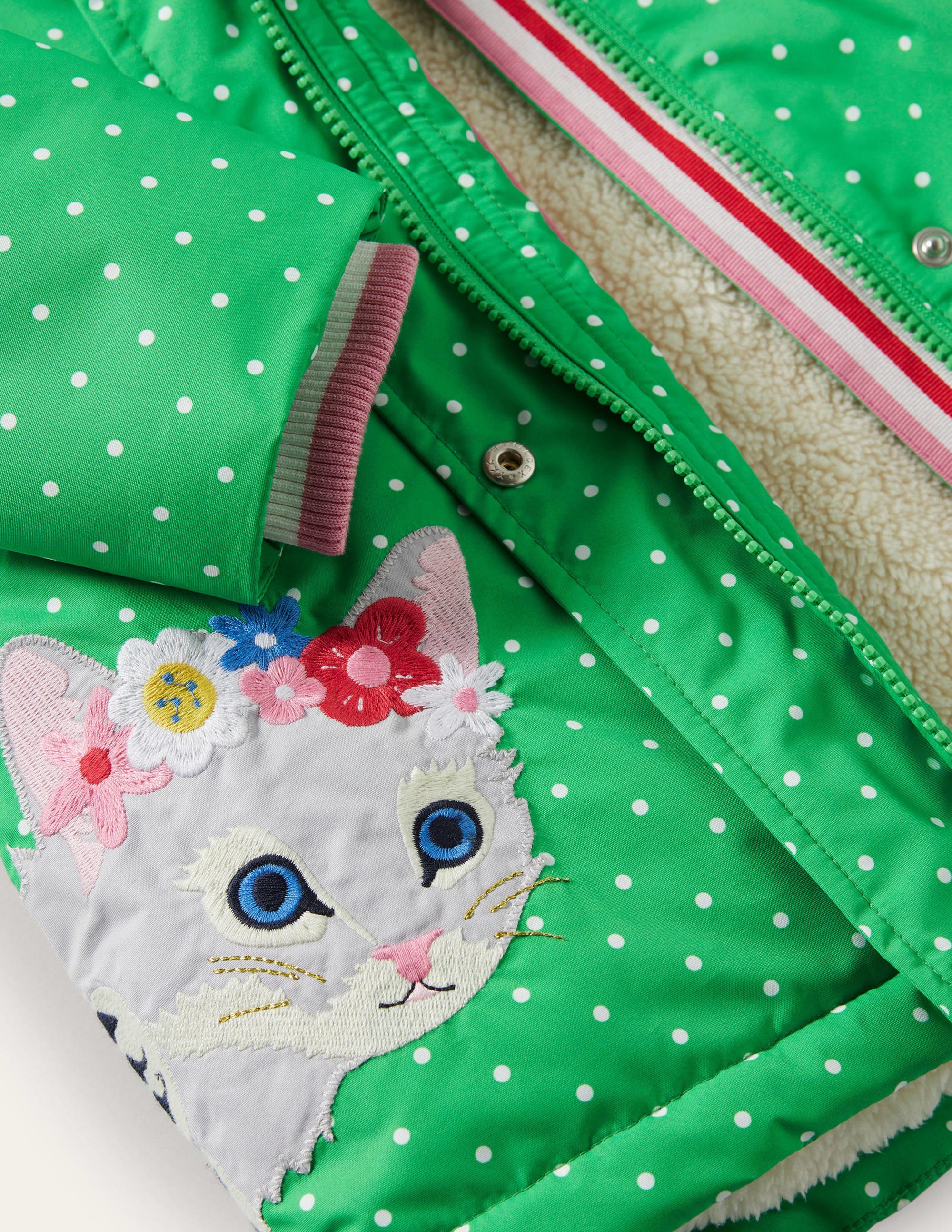 Green Polka Dot Sherpa Lined Anorak-Chats et petits pois vert aloe vera - Image 3
