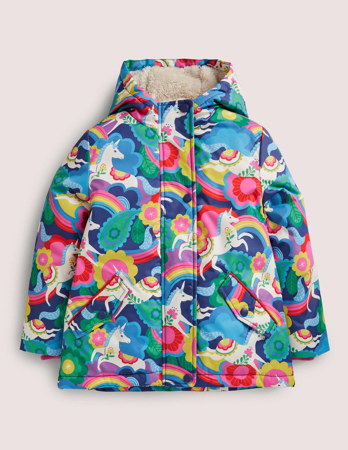 Navy Unicorn Print Sherpa Lined Anorak-Bunt, Blumenbeet, Einhörner-1