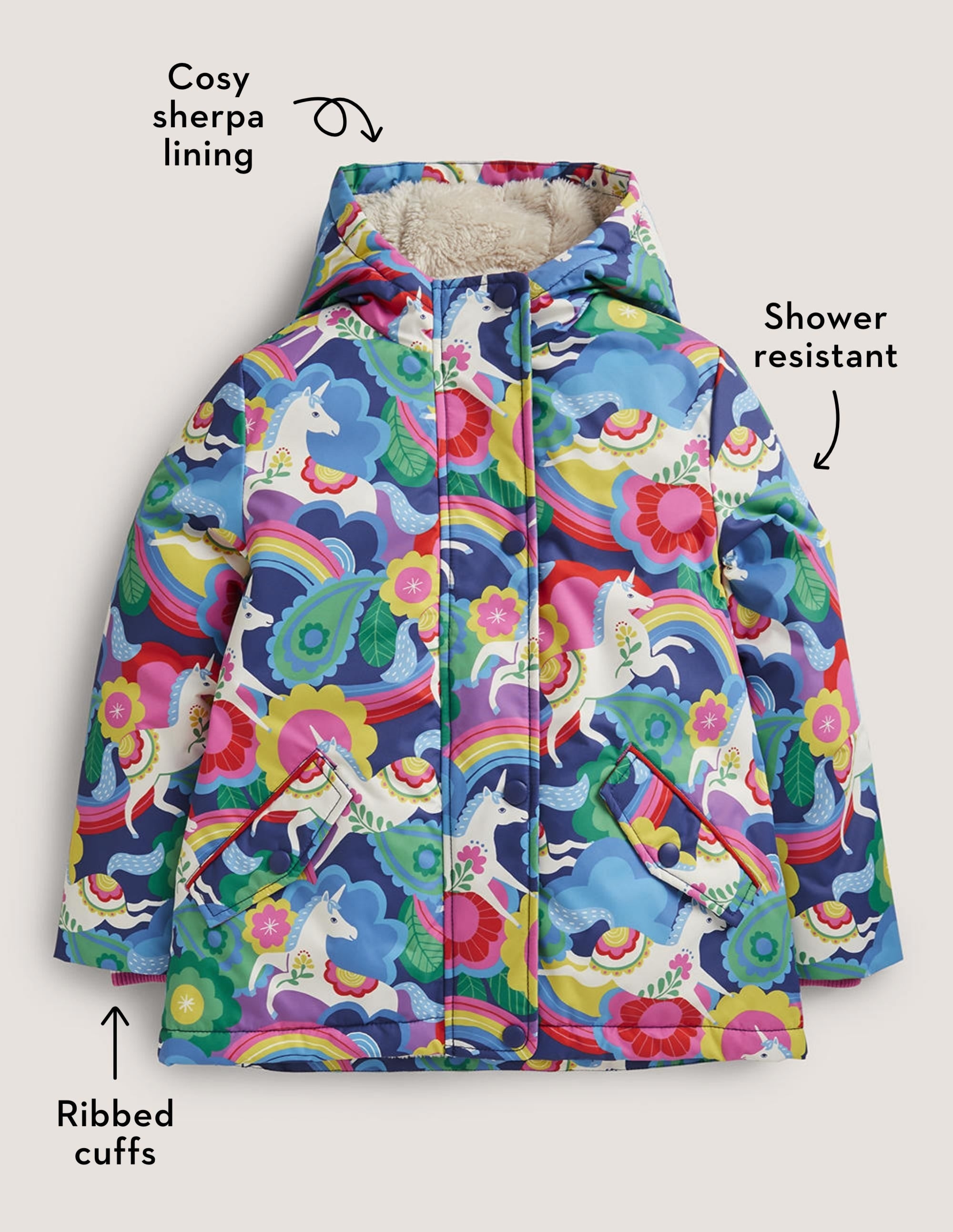 Navy Unicorn Print Sherpa Lined Anorak-Bunt, Blumenbeet, Einhörner - Image 6
