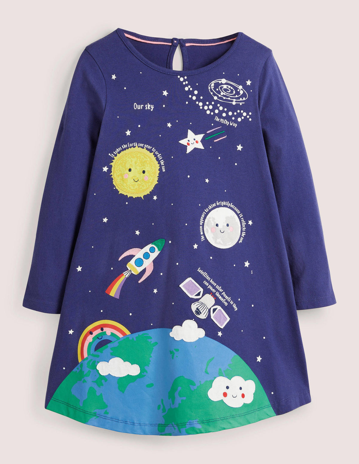 Fröhliches Kleid mit großer Weltraumapplikation-Segelblau-1