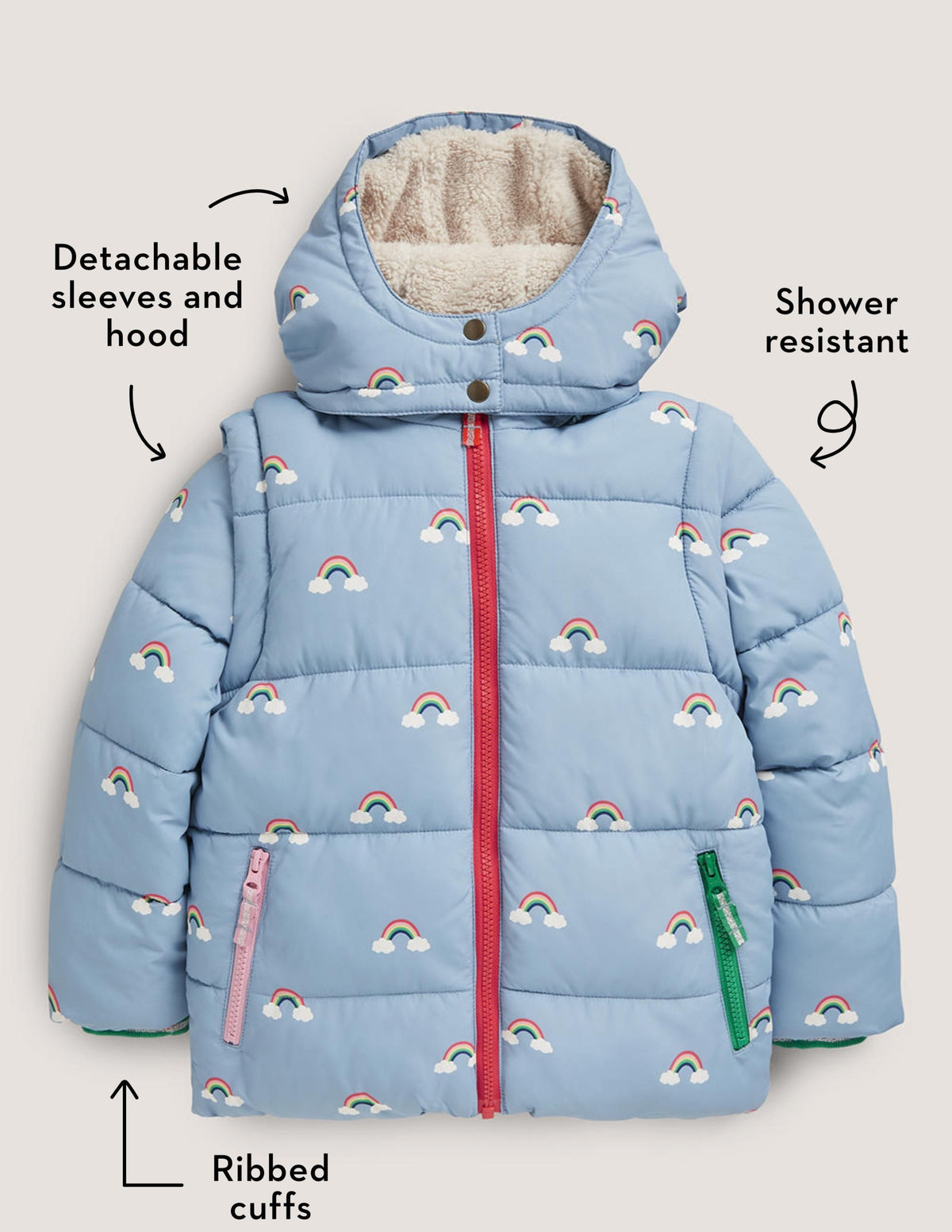 Blue Rainbow Print Puffer Jacket-Marokkoblau, Regenbogen - Image 5