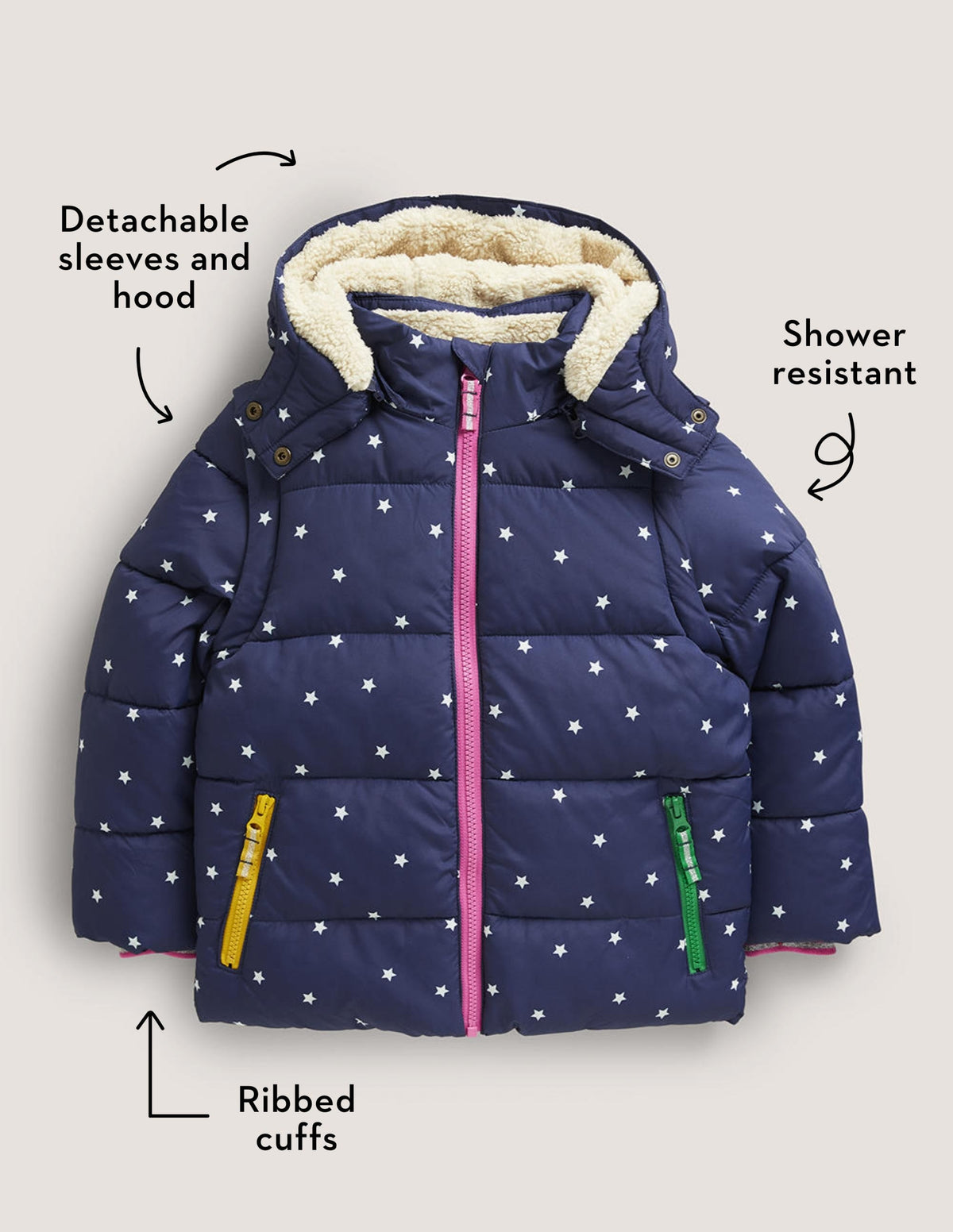 Navy Star Print Hooded Puffer Jacket-Schuluniform-Navy, Konfettisterne-5
