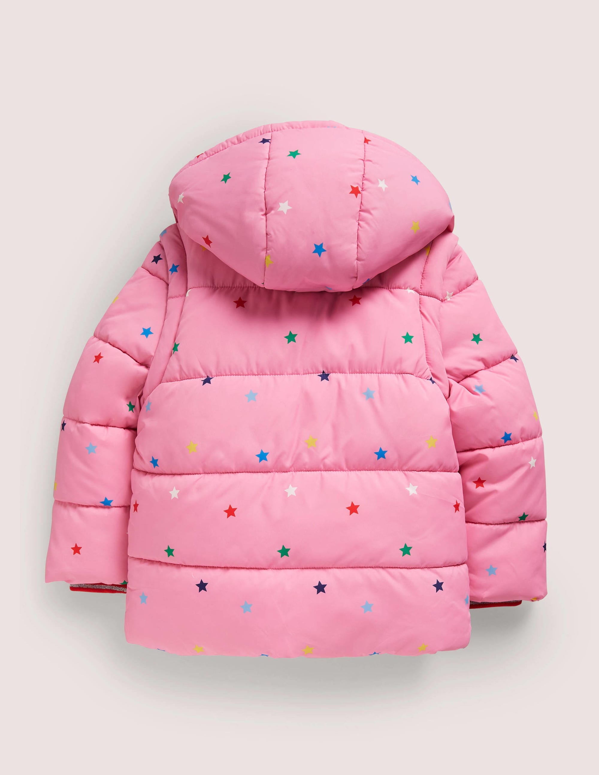 Pink Star Print Hooded Puffer Jacket-Helles Blütenrosa, Bunte Sterne - Image 2