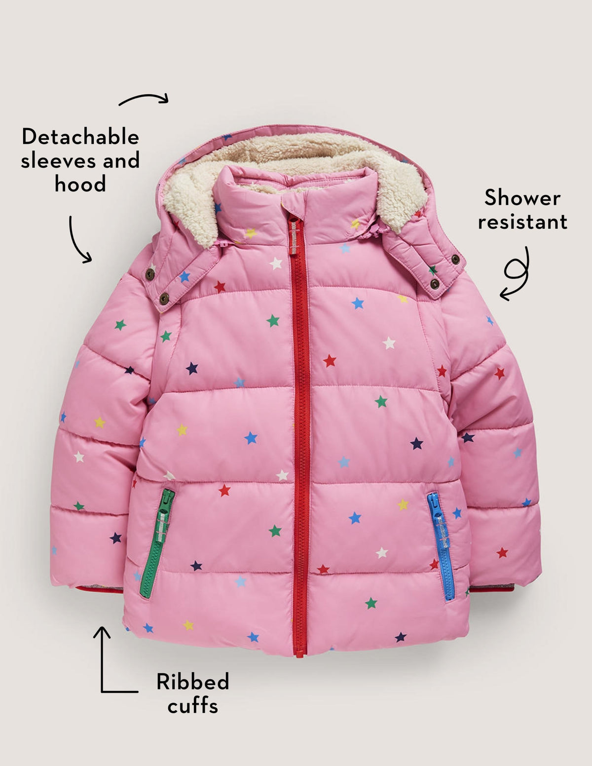 Pink Star Print Hooded Puffer Jacket-Helles Blütenrosa, Bunte Sterne - Image 5