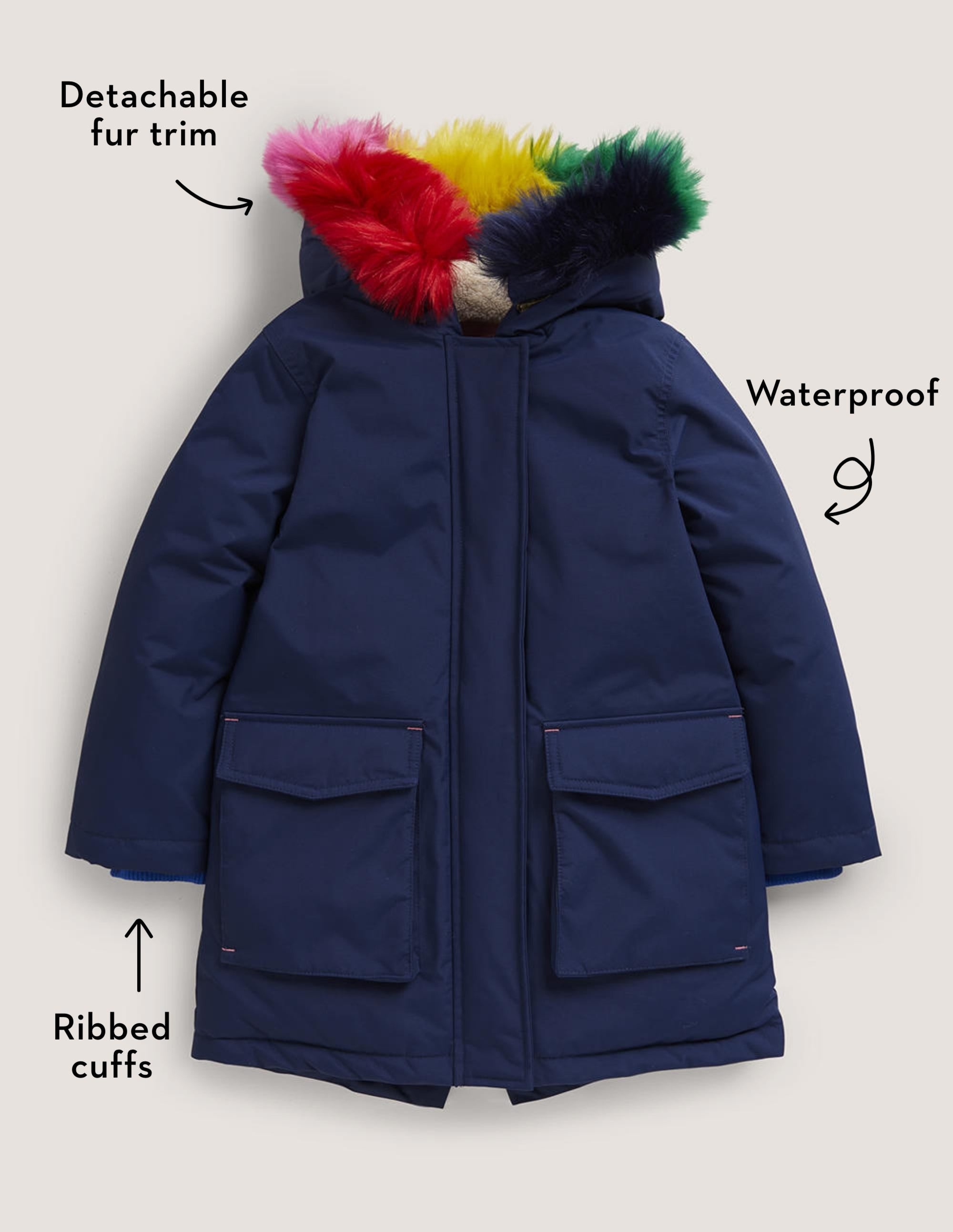 Navy Rainbow Hooded Waterproof Parka-Schuluniform-Navy - Image 5