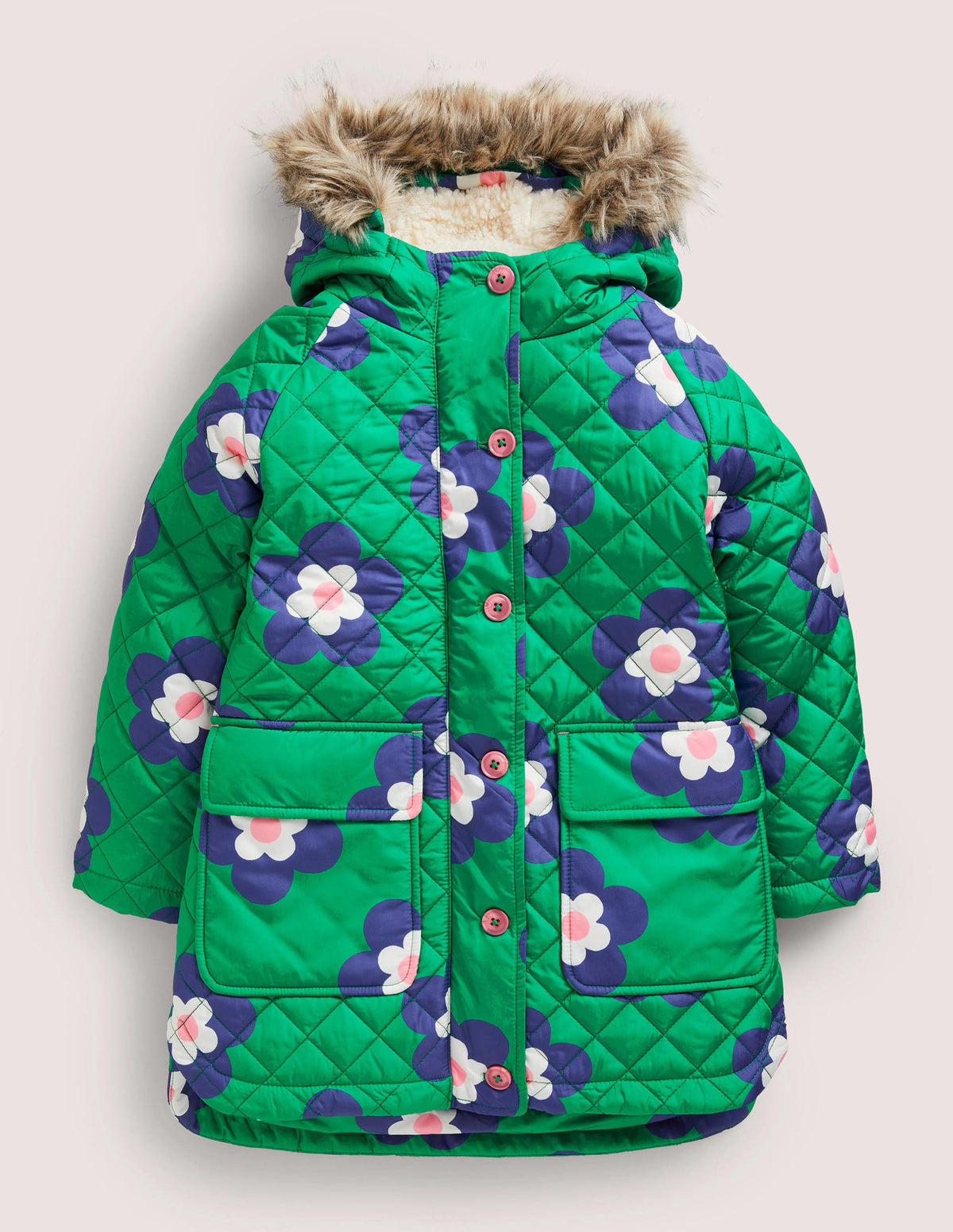 Green Floral Longline Quilted Jacket-Grün, Geometrisches Gänseblümchenmuster - Image 1