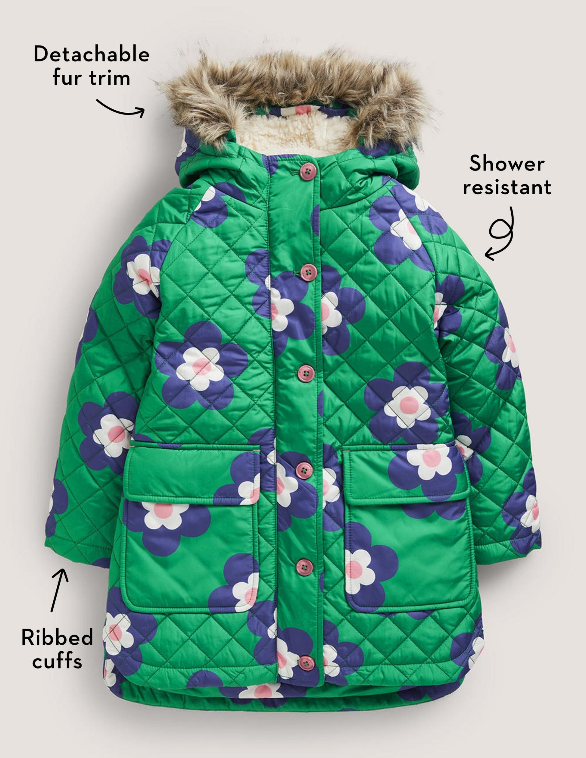 Green Floral Longline Quilted Jacket-Grün, Geometrisches Gänseblümchenmuster-5