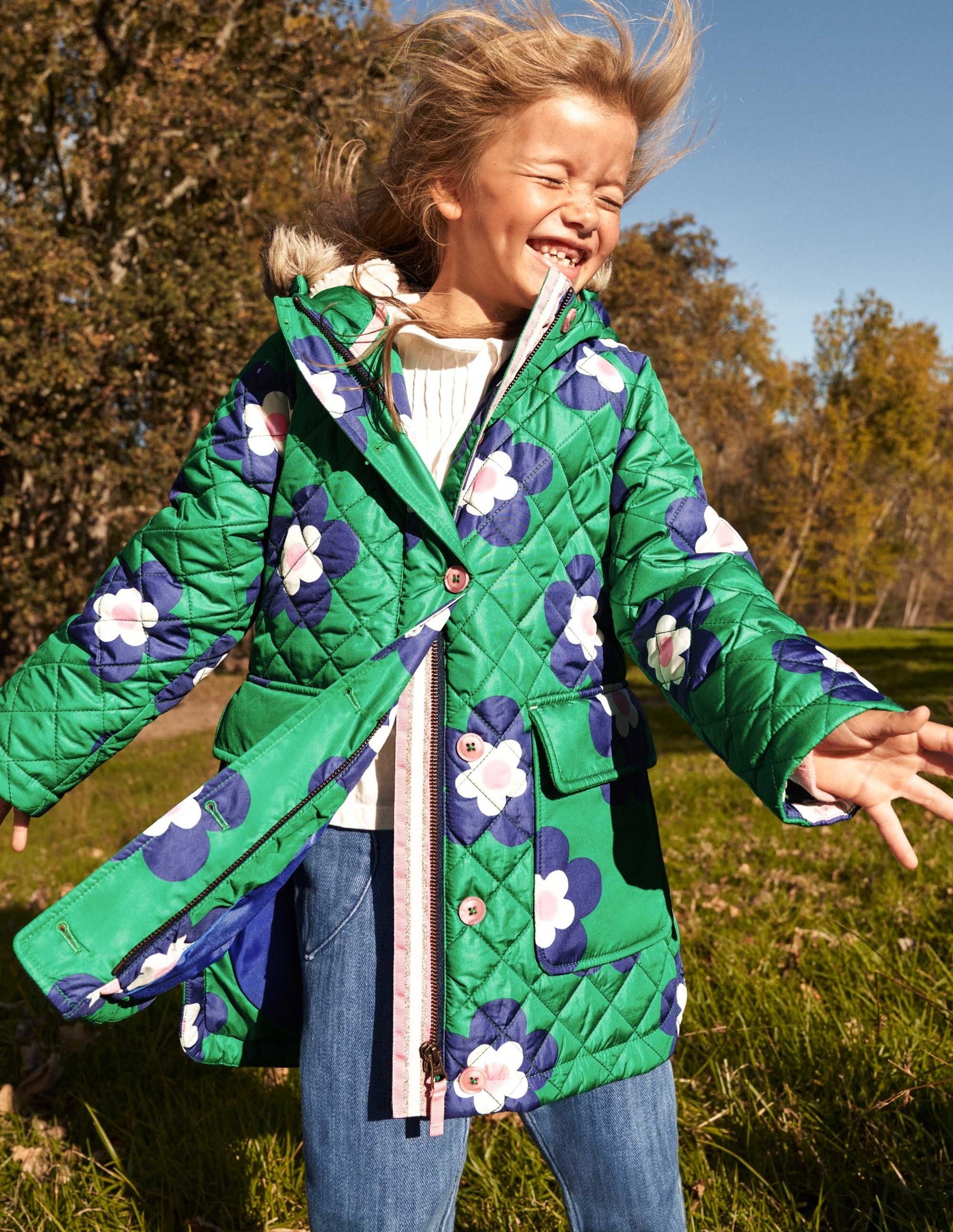 Green Floral Longline Quilted Jacket-Grün, Geometrisches Gänseblümchenmuster-7