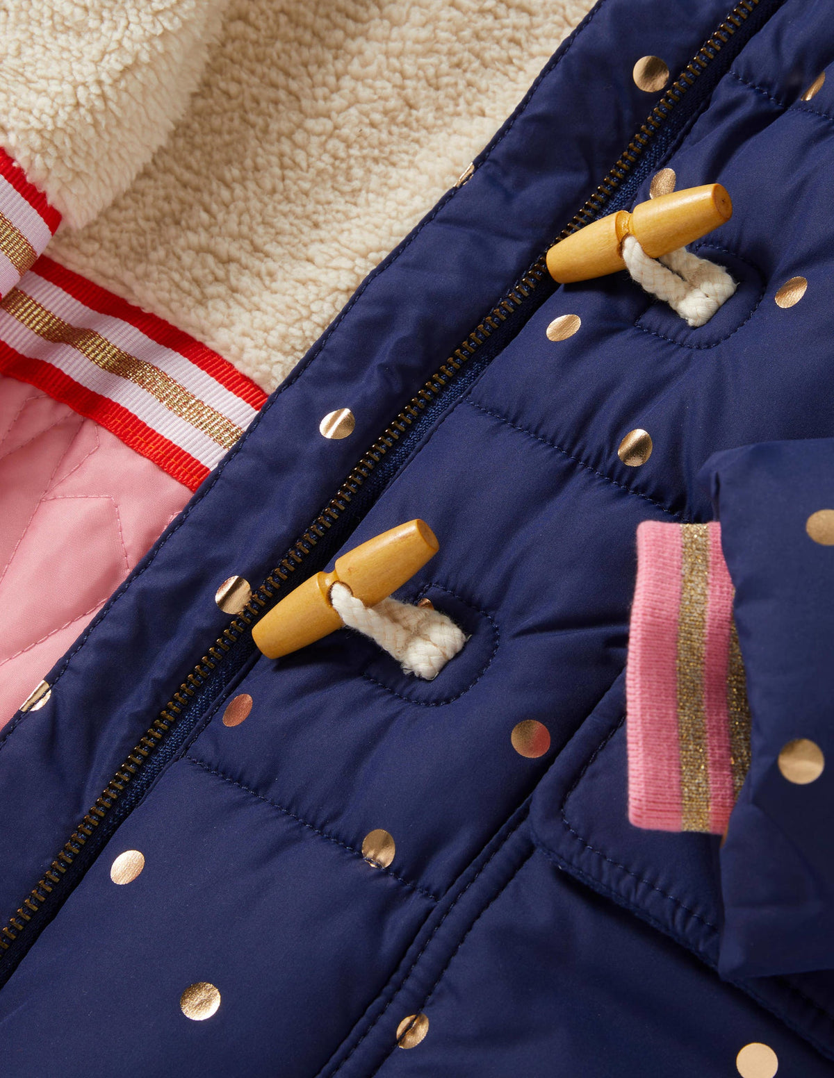 Gold Polka Dot Navy Puffer Jacket-Schuluniform-Navy, Folientupfen - Image 3