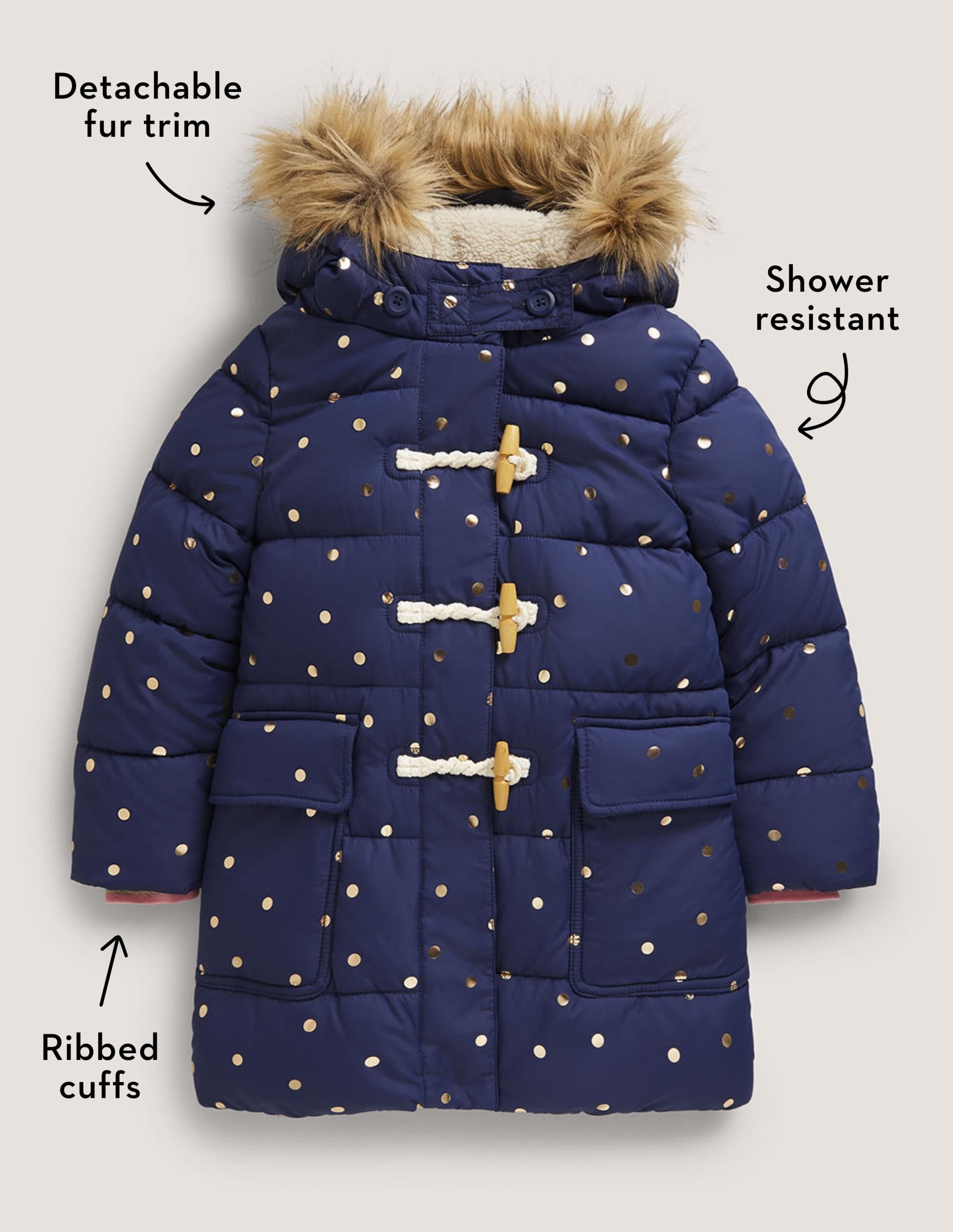 Gold Polka Dot Navy Puffer Jacket-Schuluniform-Navy, Folientupfen - Image 5