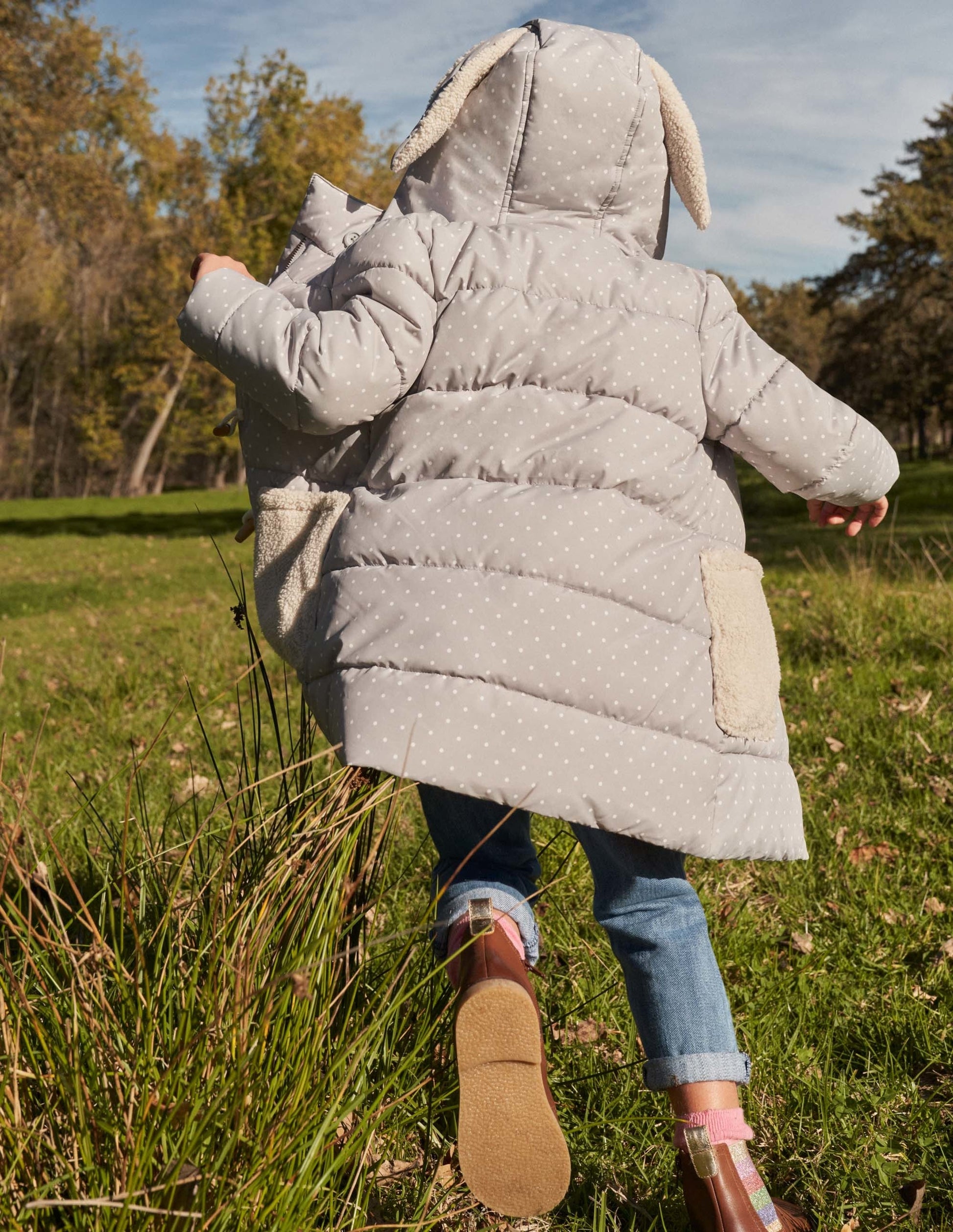 Grey Dotted Bunny Hood Longline Puffer Jacket-Schiefergrau, Pünktchen/Häschen-5