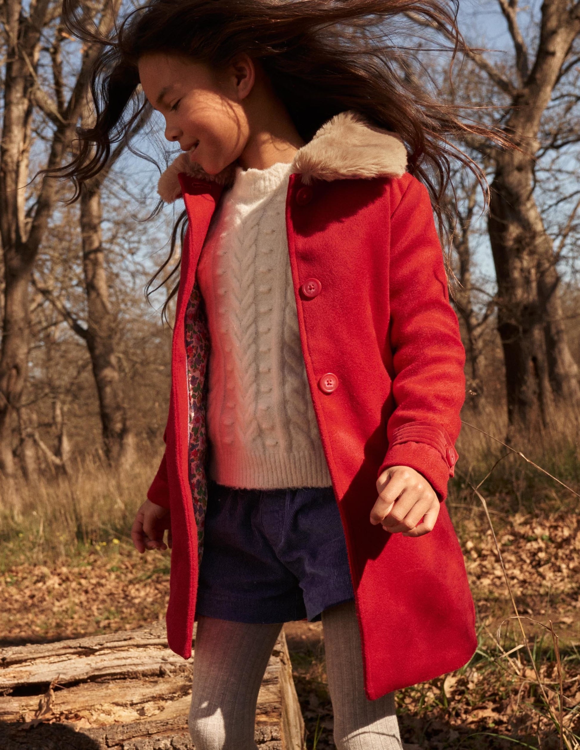 Red Fur Collar Wool Coat-Cranberry Red-4