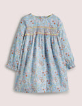 Gesmoktes Kleid mit langen Ärmeln-Graublau