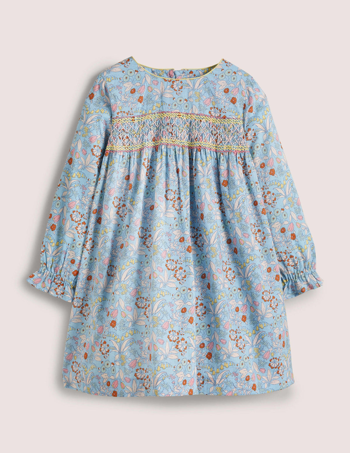 Gesmoktes Kleid mit langen Ärmeln-Graublau-1