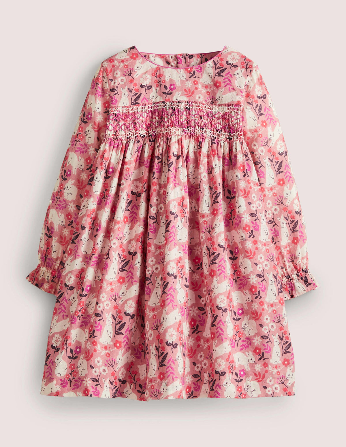 Pink Bunny Print Long-sleeved Smock Dress-Formica Pink Bunny Field - Image 1