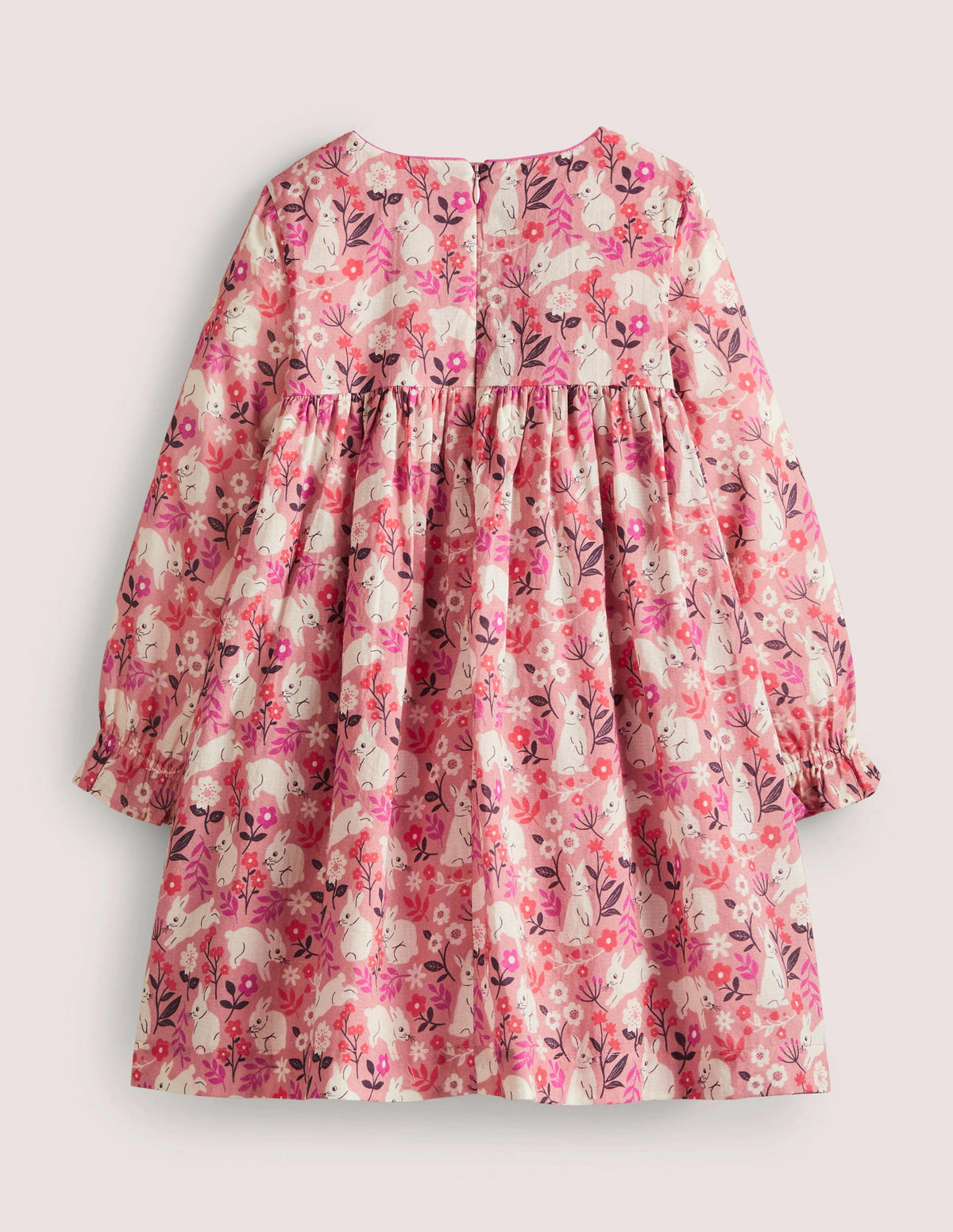 Pink Bunny Print Long-sleeved Smock Dress-Formica Pink Bunny Field-2