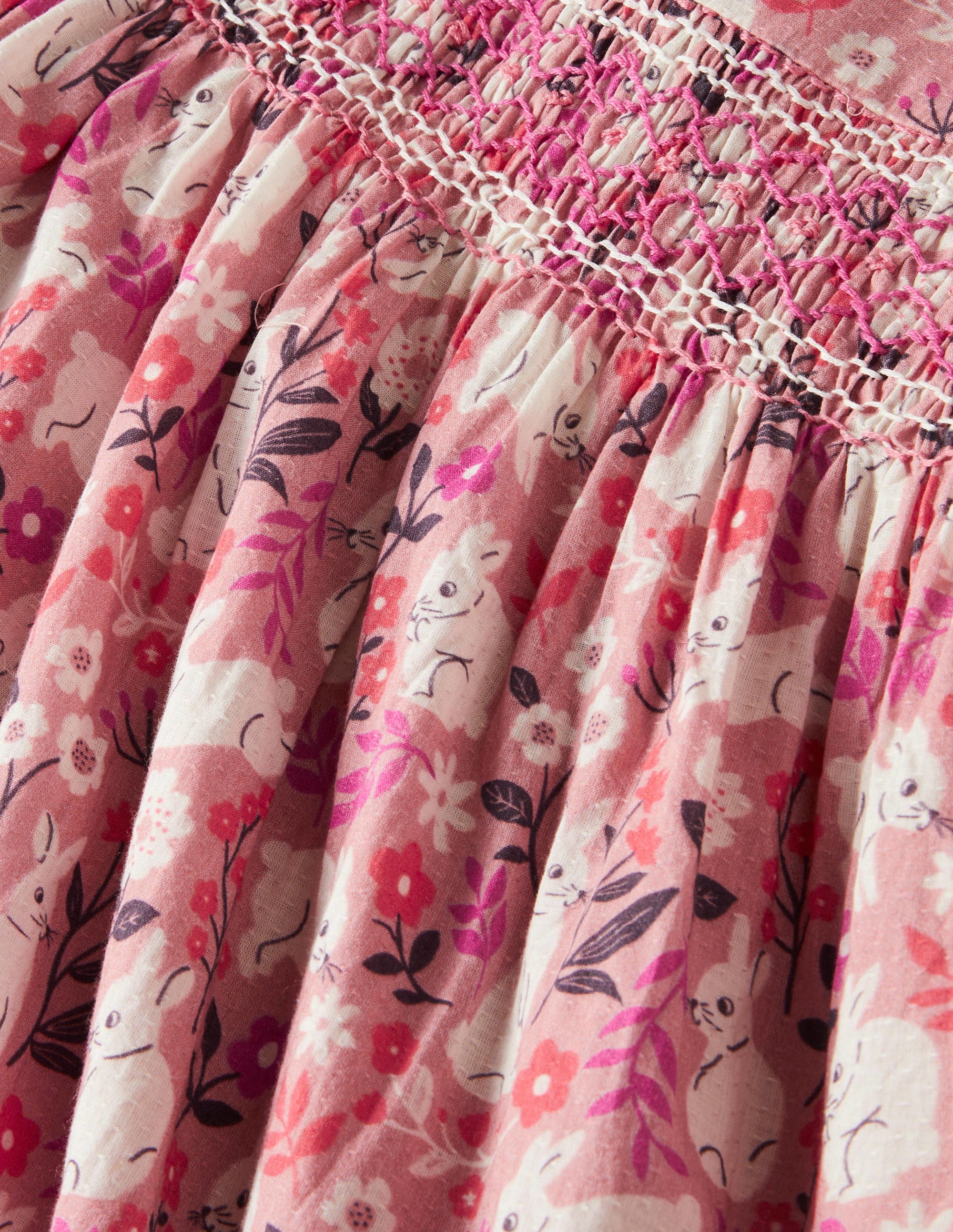Pink Bunny Print Long-sleeved Smock Dress-Formica Pink Bunny Field - Image 3