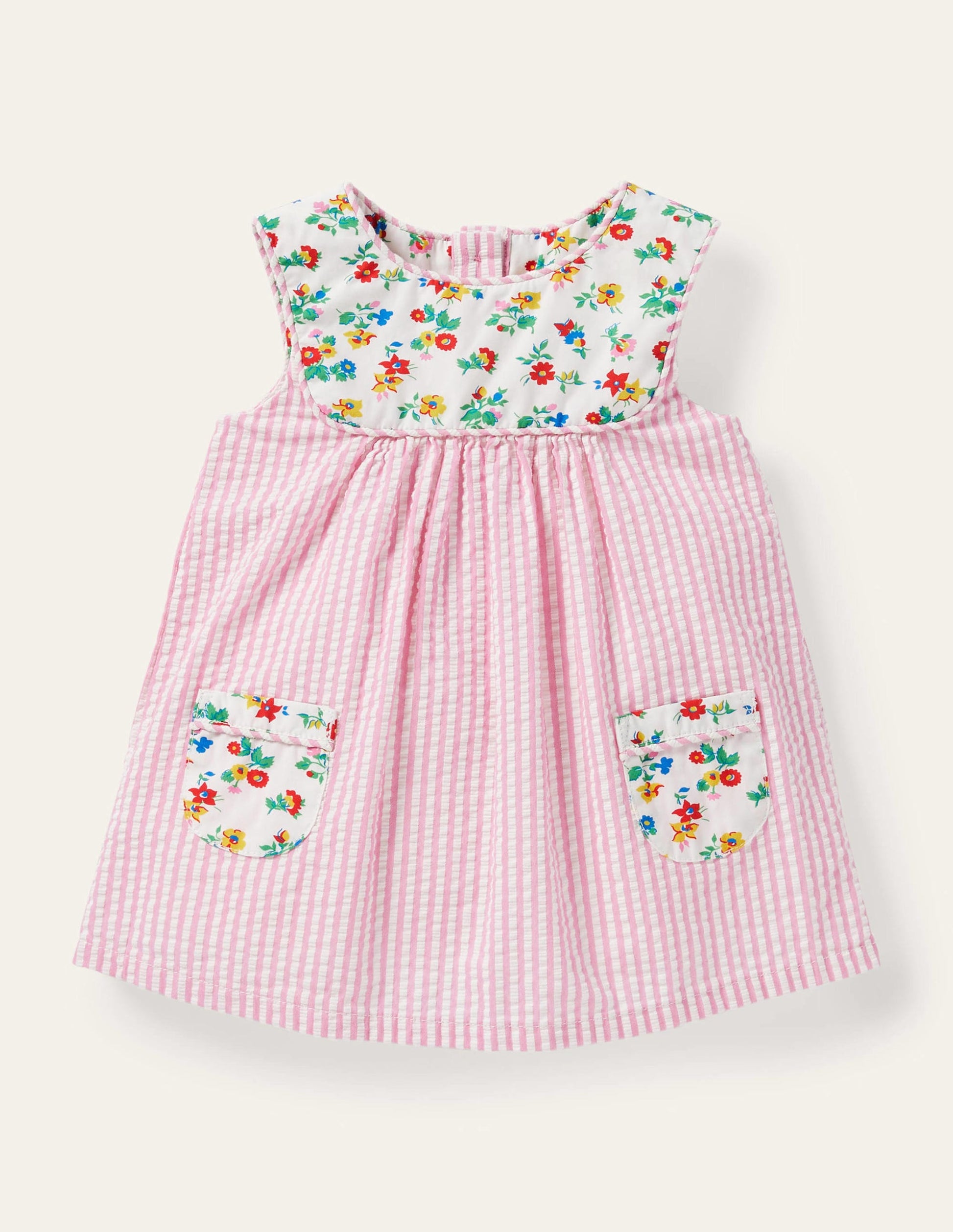 Gewebtes Latzkleid mit feinen Streifen-Naturweiß/Blütenrosa, Feine Streifen-1