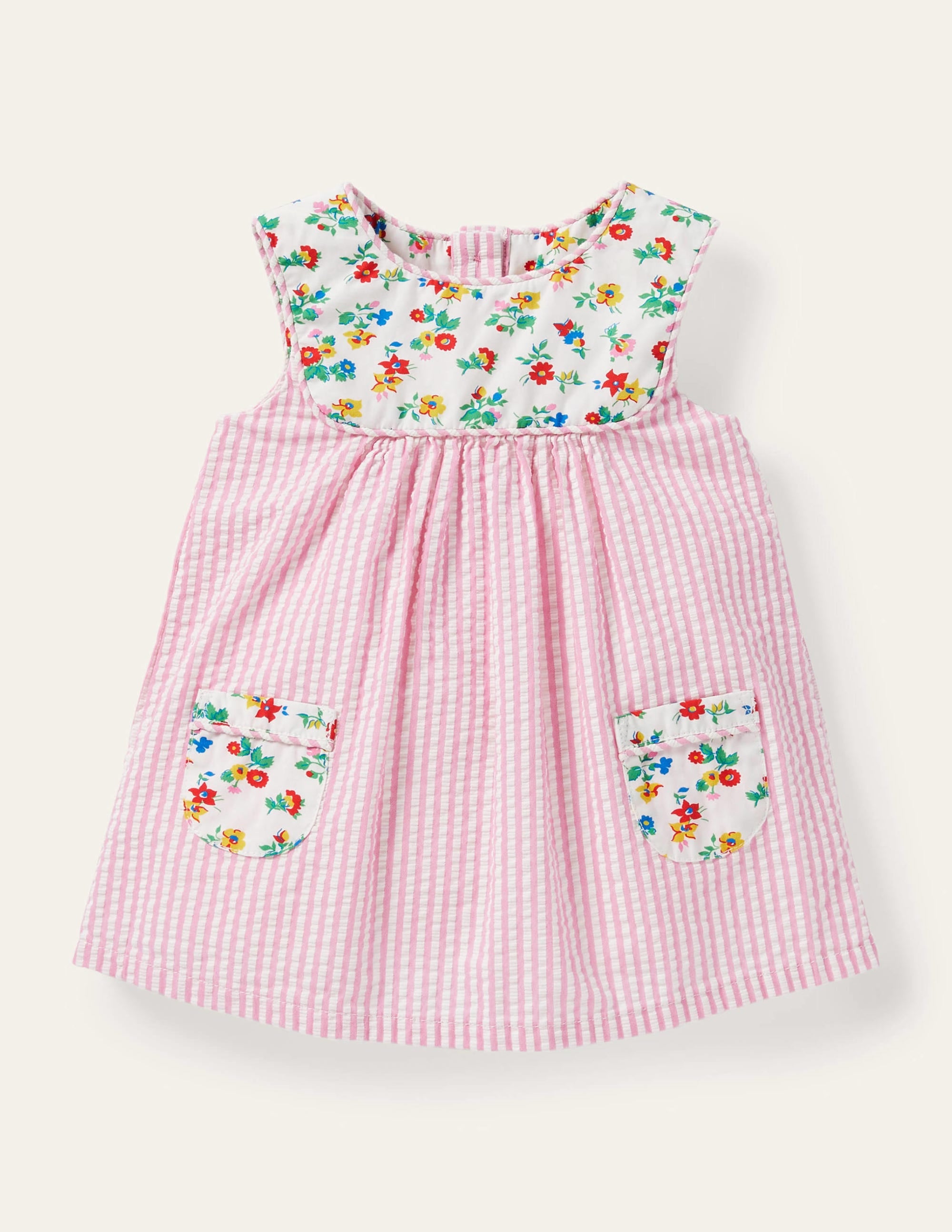 Gewebtes Latzkleid mit feinen Streifen-Naturweiß/Blütenrosa, Feine Streifen - Image 1