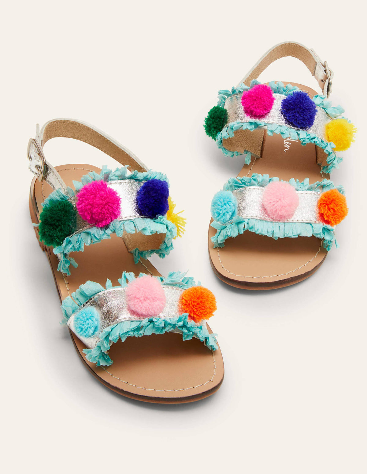 Bommelsandalen-Metallic/Regenbogenbommel-1