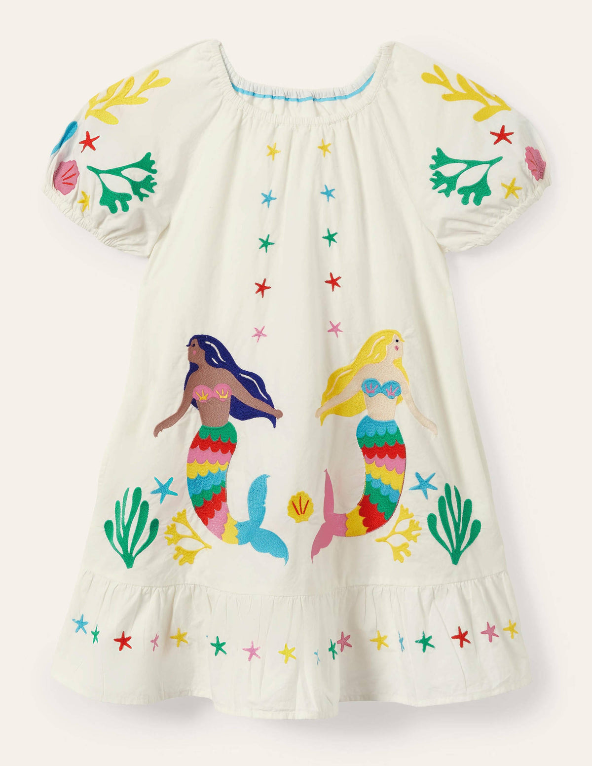 Robe brodée à manches bouffantes-Sirènes ivoire-1