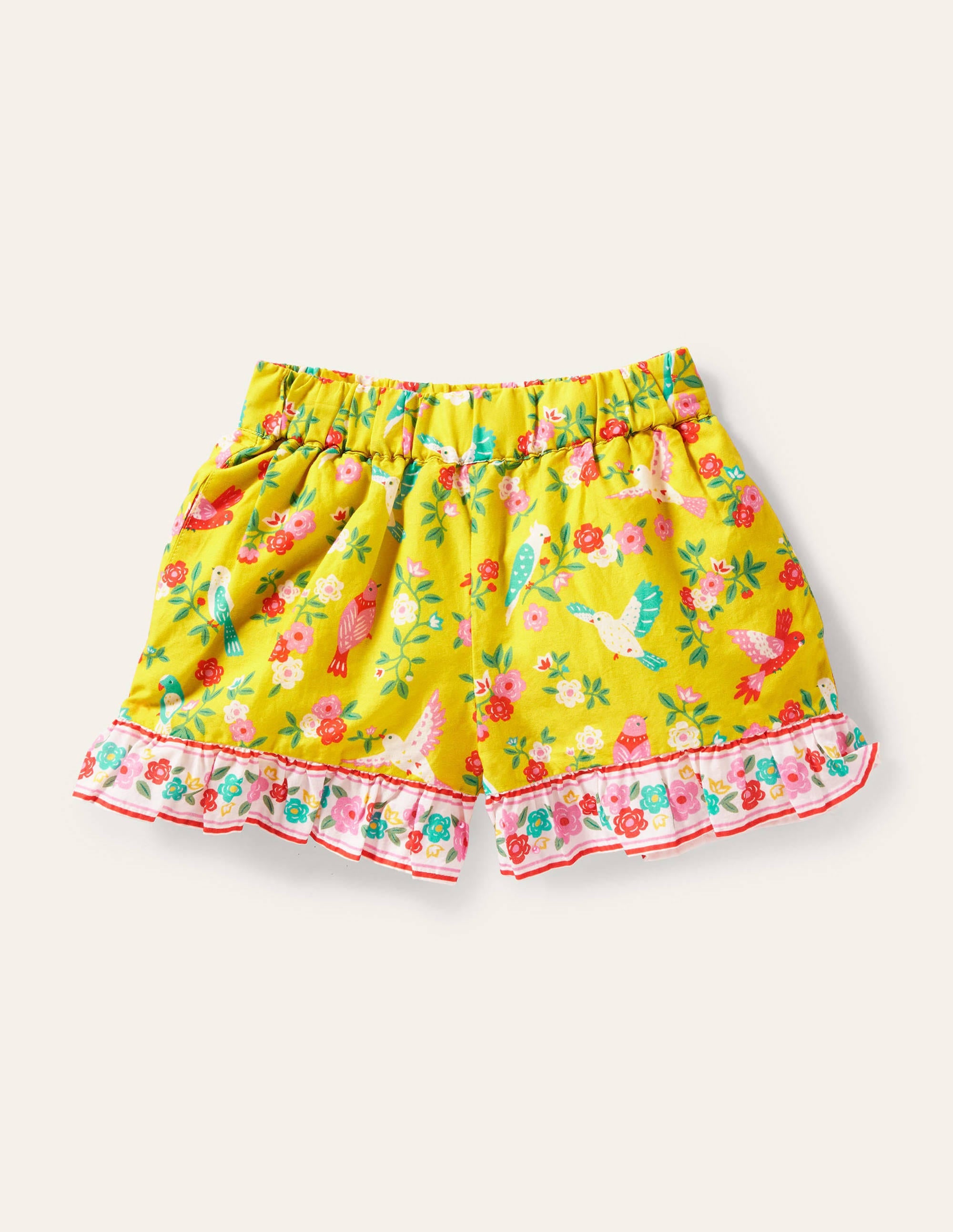 Gemusterte Shorts mit gerüschtem Saum-Maisgelb, Tropenmuster - Image 1