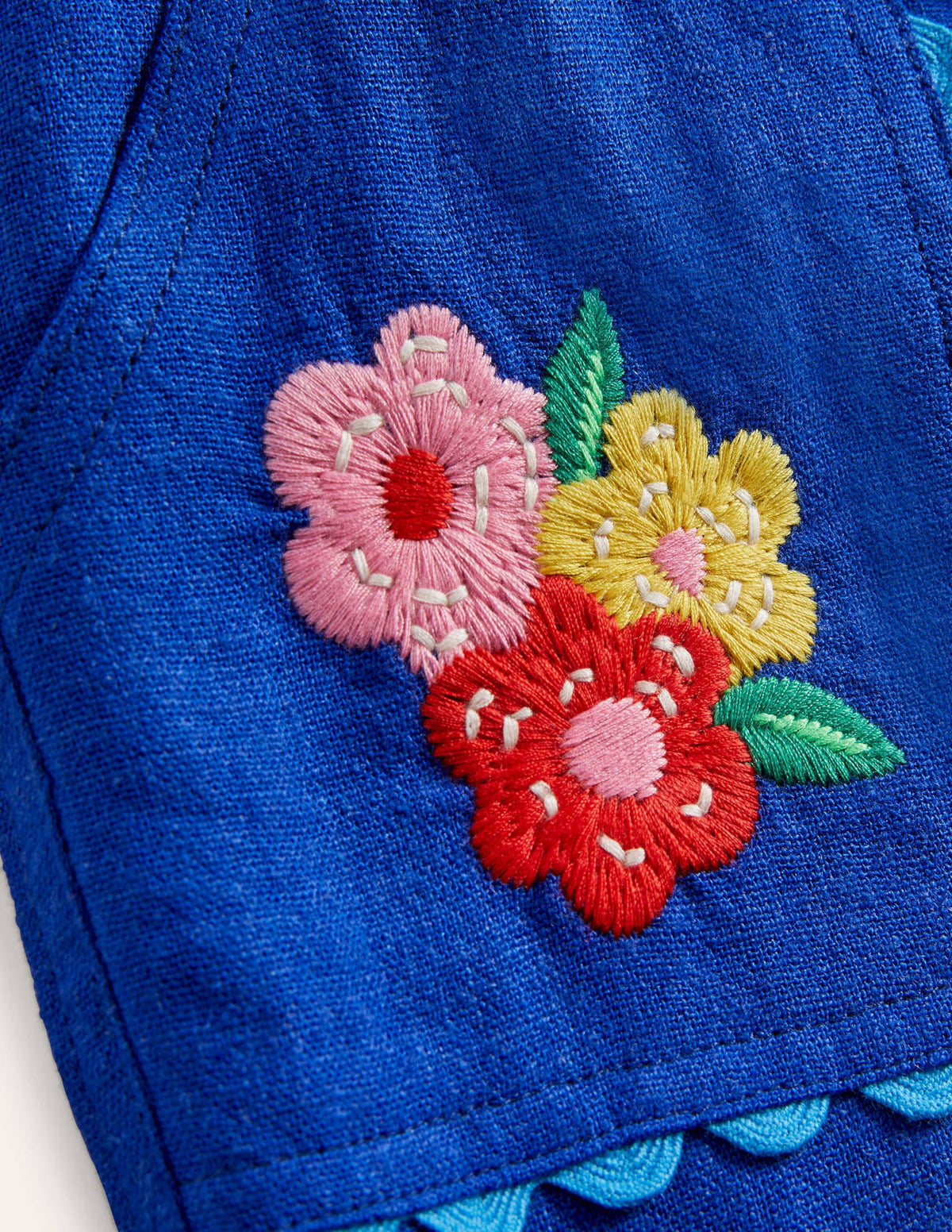 Embroidered Holiday Trousers-Blue Wave Flowers-3