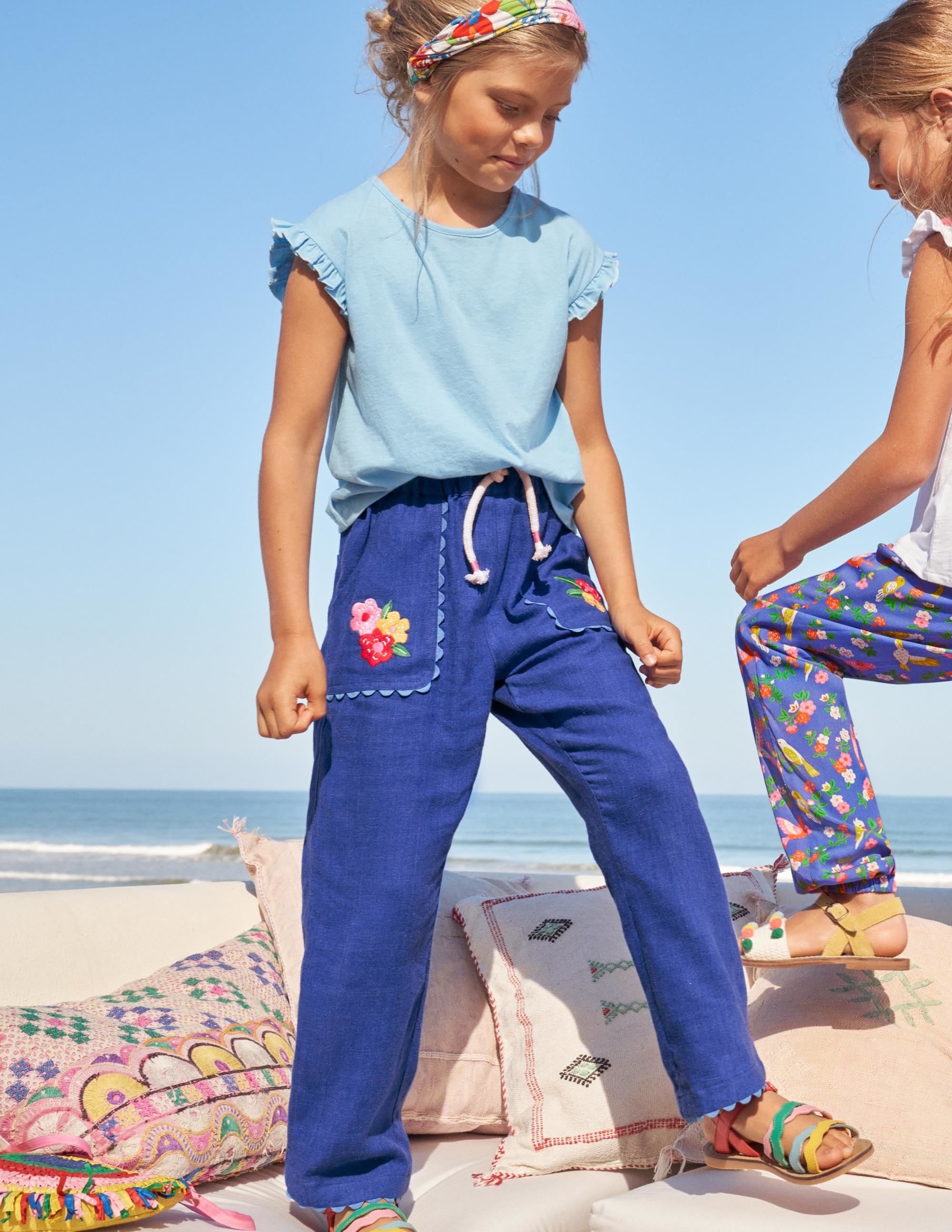 Embroidered Holiday Trousers-Blue Wave Flowers - Image 4