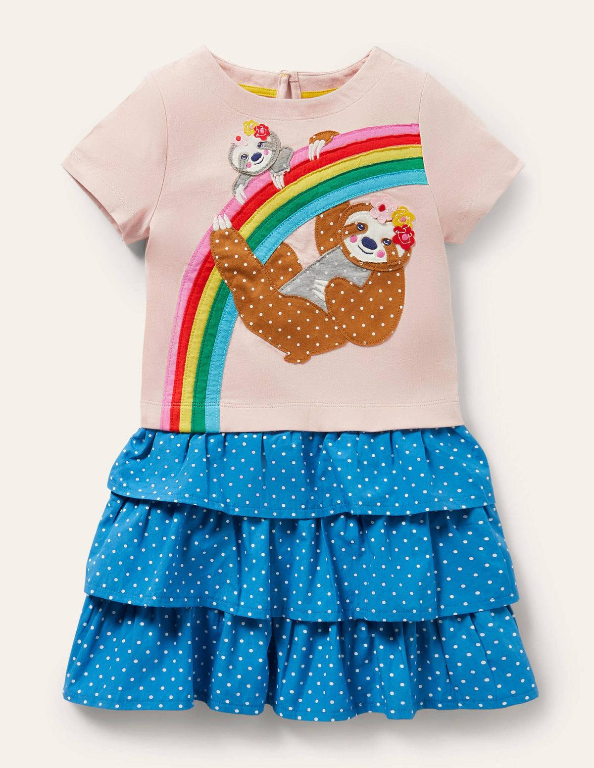 Kleid mit Stufenrock und Applikation-Rosa, Regenbogen/Faultier-1
