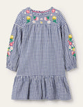 Webkleid mit Stickerei-Segelblau, Vichykaros