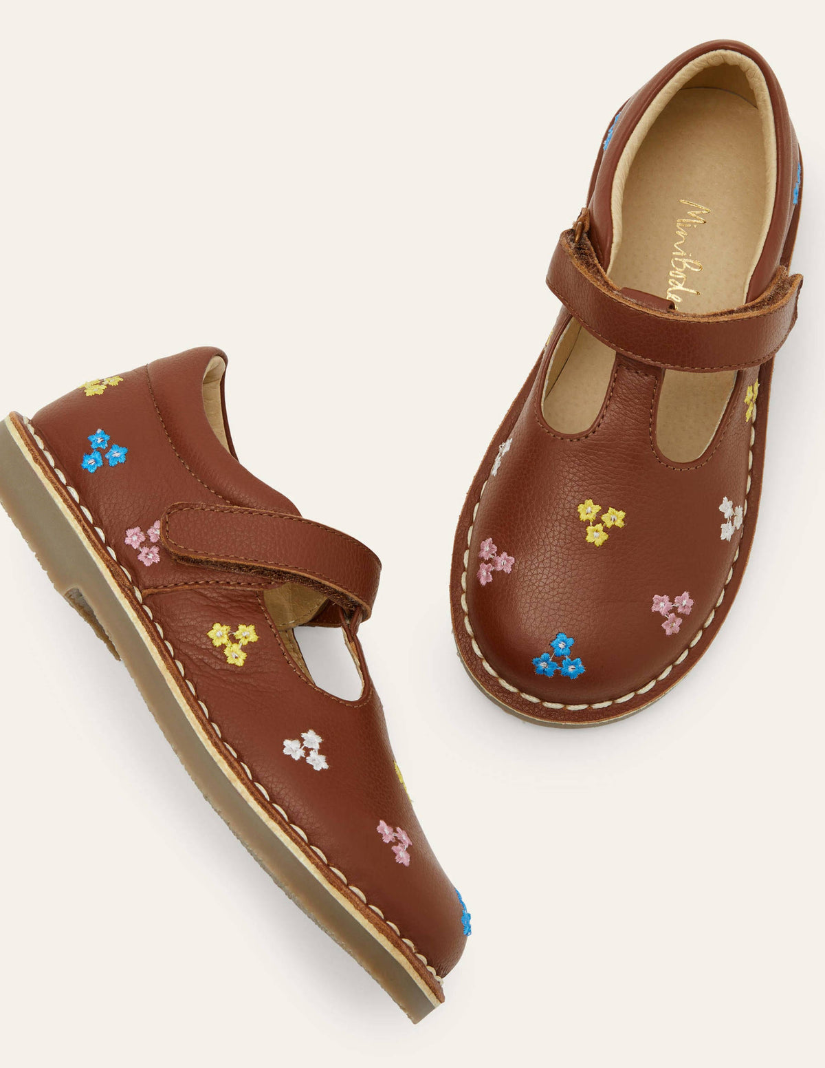 Flache Lederschuhe mit T-Steg-Hellbraun, Stickerei - Image 1