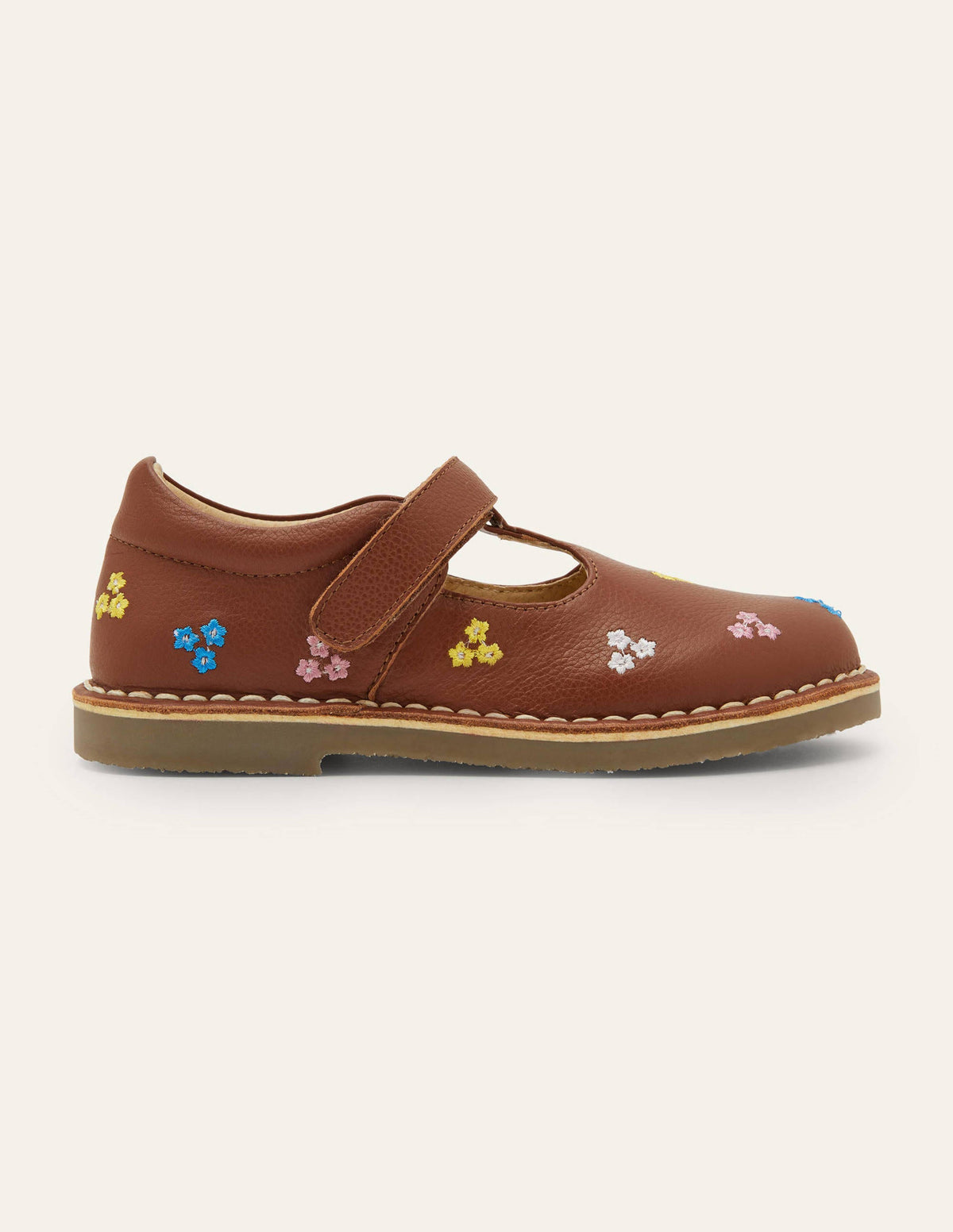 Flache Lederschuhe mit T-Steg-Hellbraun, Stickerei-2