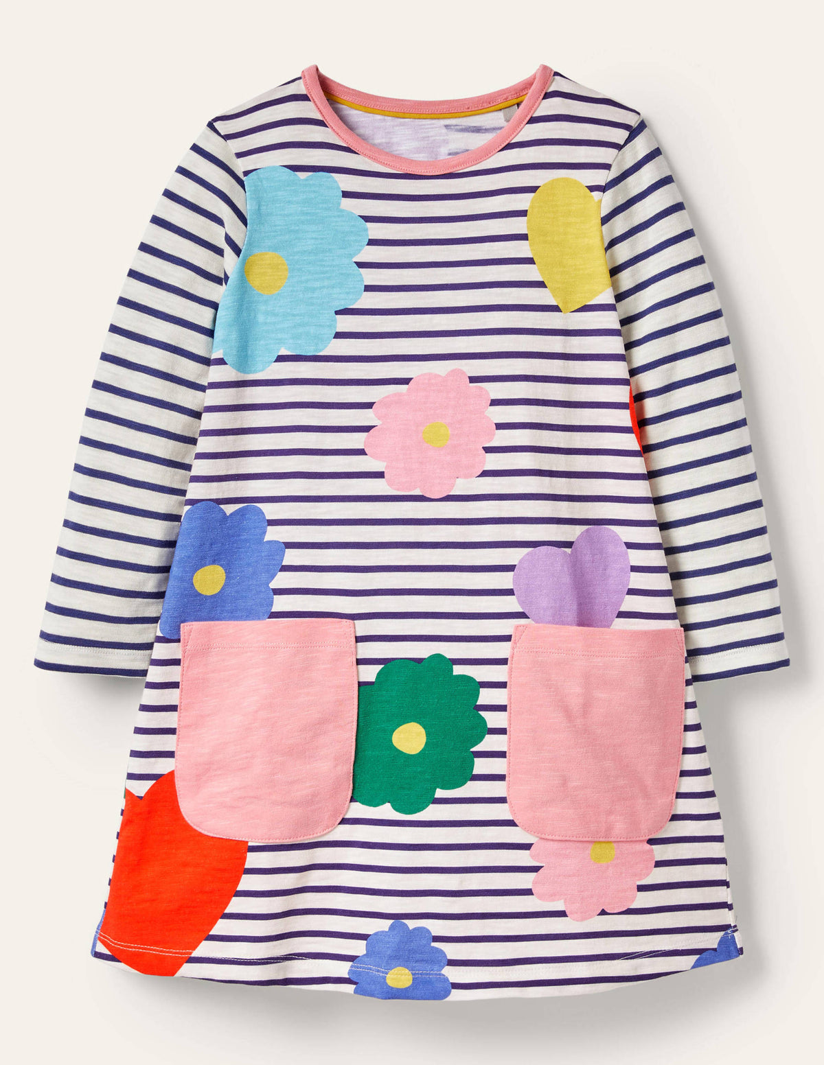 Fröhliches Jerseykleid mit Tasche-Naturweiß/Blau, Regenbogenfarbene Blumen-1