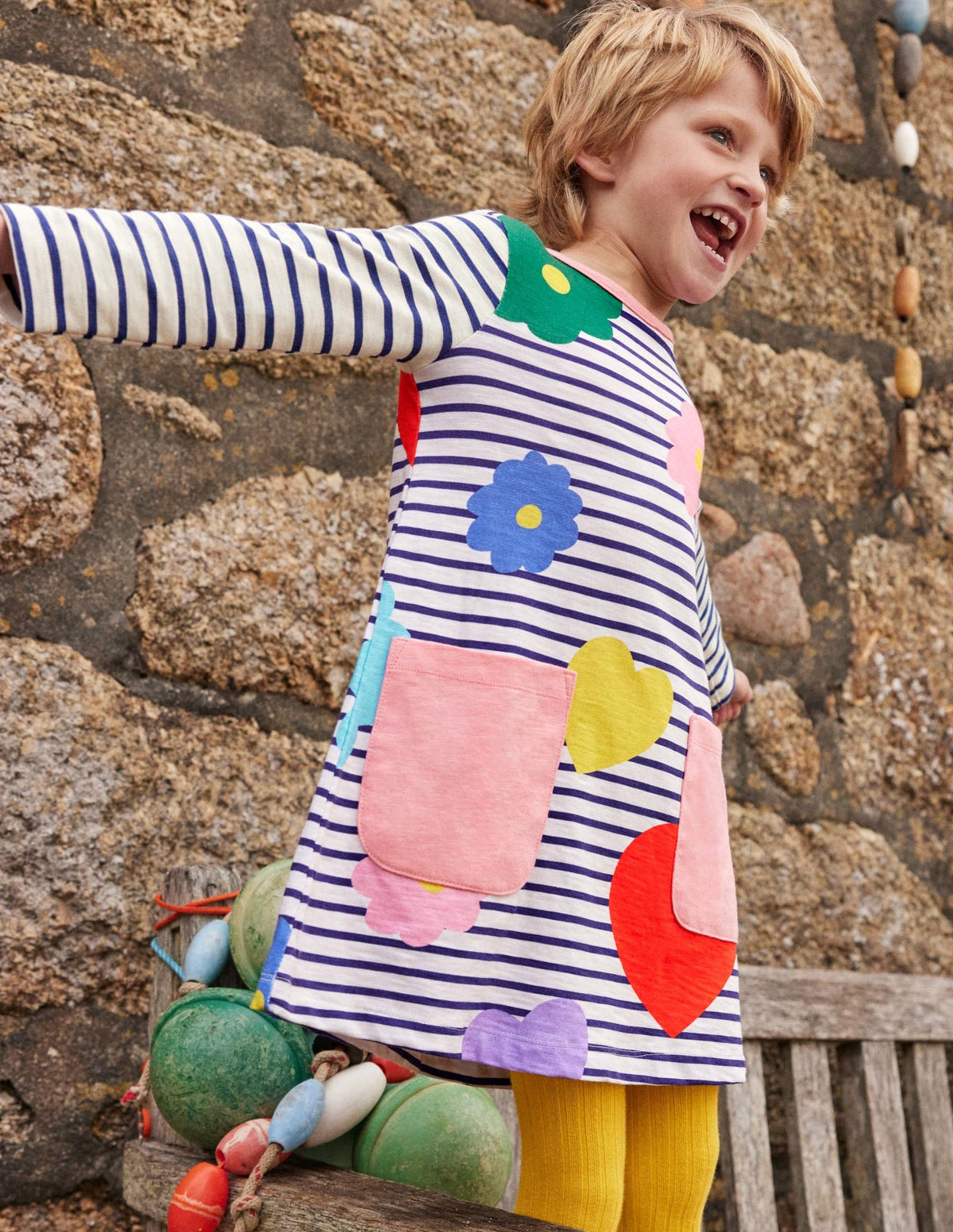 Fröhliches Jerseykleid mit Tasche-Naturweiß/Blau, Regenbogenfarbene Blumen - Image 4