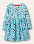 Long Sleeve Fun Jersey Dress-Aqua Blue Puffins